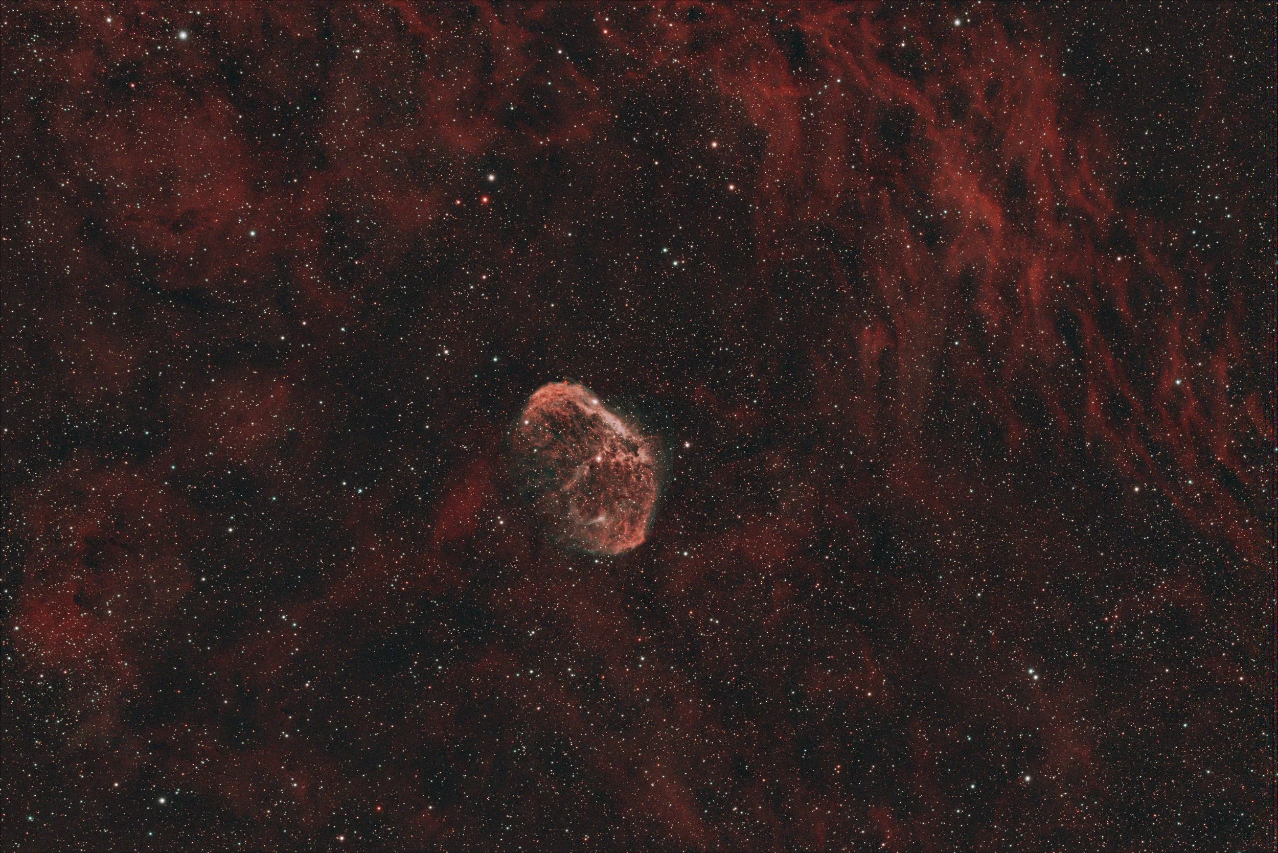 Anthony Day 5th April 25
 
Crescent Nebula (c27) in Cygnus from early  morning 3-5am, EQ6-R pro mount, Altair 115, ZWO 2600MC, L-Ultimate dual Ha/Oiii filter via Sharpcap on PC, Guided with WO 50mm/178MM/PHD2,  lights 22x5mins, flats and (old) darks,