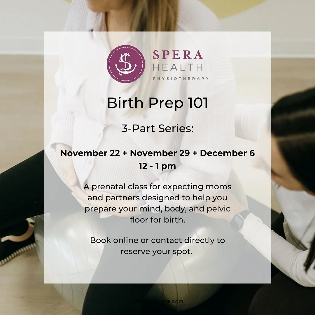 Prenatal Class: Birth Prep 101 

Upcoming 3-Part Series:
Nov 22nd + Nov 29th + Dec 6th from 12 - 1 pm 

Topics include:
✨The importance of the pelvic floor in birth 
✨ Different labour stages + phases 
✨ Comfort measures + coping strategies
✨ Labour 