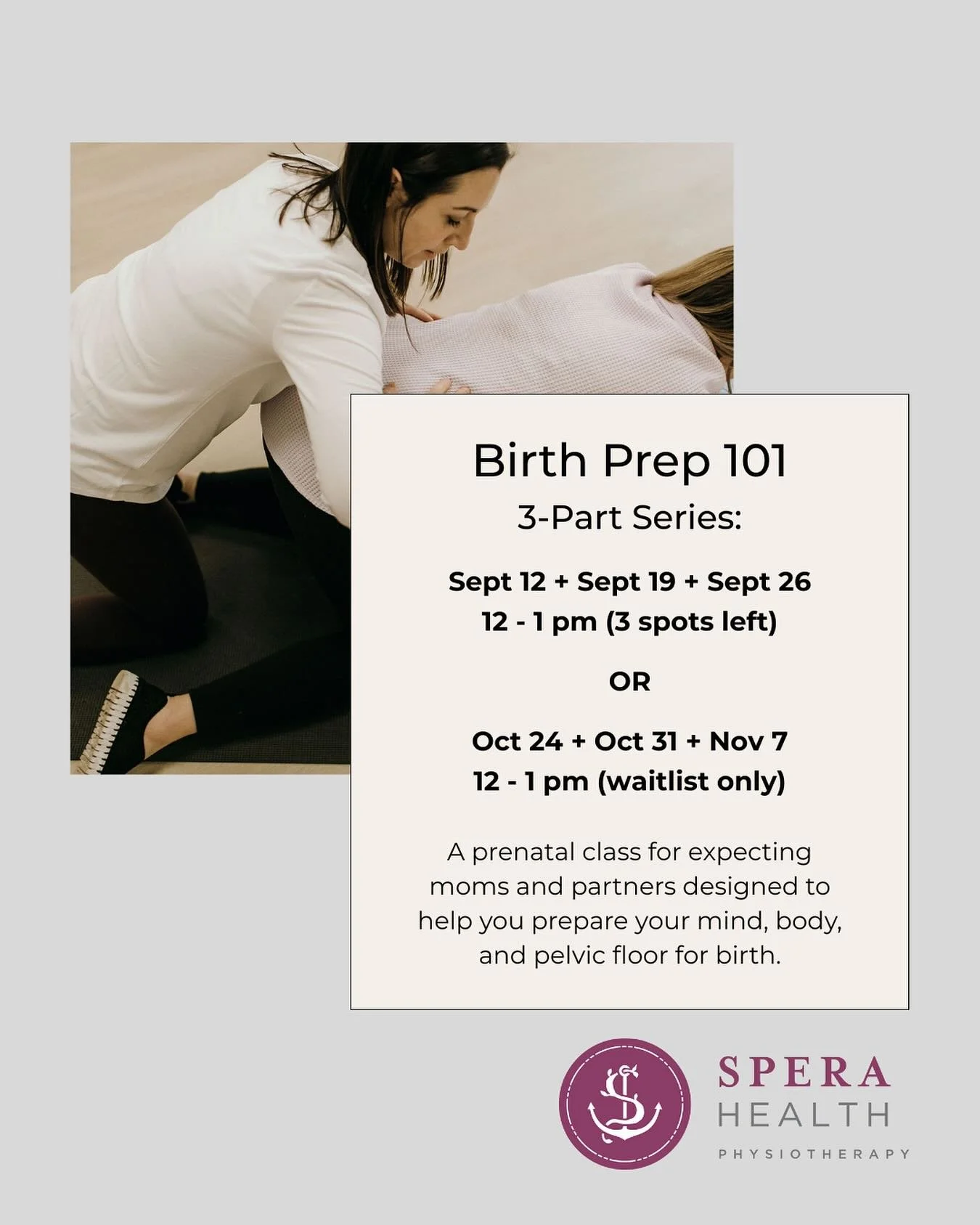 Upcoming Fall 3-Part Series:

Sept 12th + Sept 19th + Sept 26th from 12-1 pm (3 spots left)

OR

Oct 24th + Oct 31st + Nov 7th from 12-1 pm (waitlist only)

Topics include:
✨The importance of the pelvic floor in birth 
✨ Different labour stages + pha