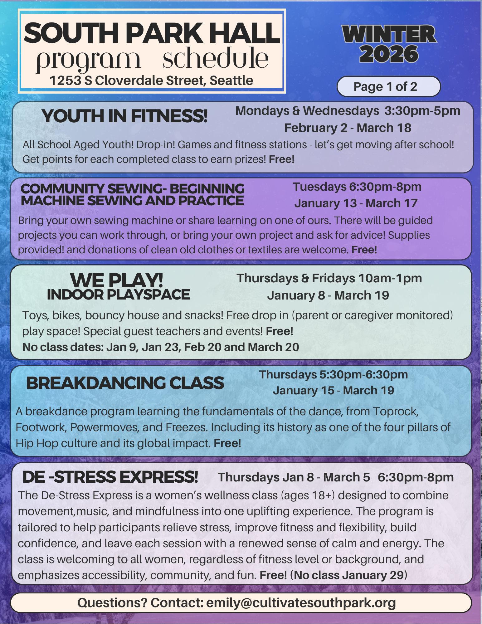 Winter 2026 schedule for South Park Hall free events