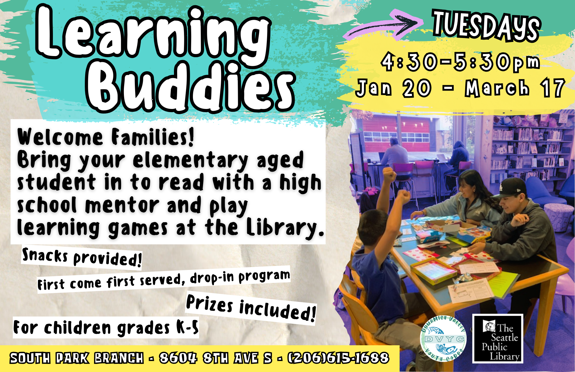 Elementary age kids read with High School Mentors