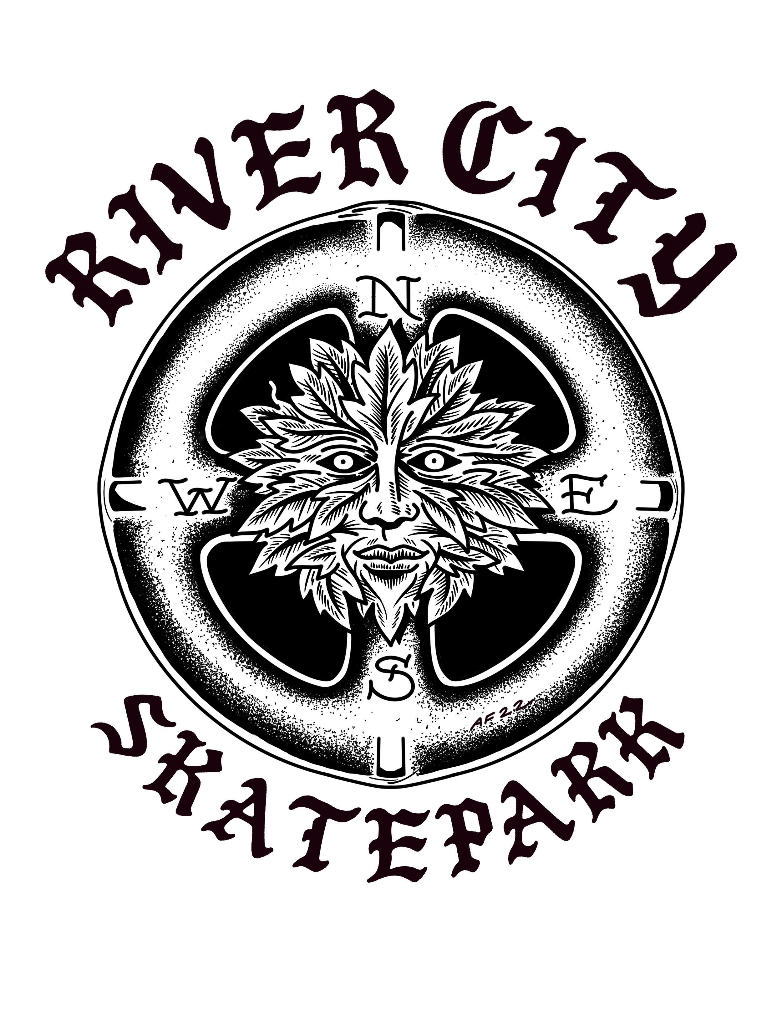 Black and white logo featuring a stylized human face and River City Skatepark