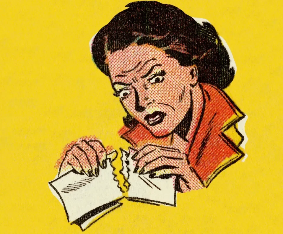 A comic-style illustration of a woman with an angry expression tearing a photograph in half.
