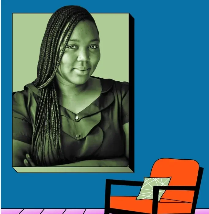 Portrait of a woman with braided hair in a black top, looking at the camera, framed as if in a window, with a colorful room background including an orange chair with a green pillow.