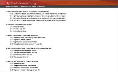 A multiple-choice quiz related to ophthalmic e-learning, covering topics like corneal layers, epithelial cells, and tear film.