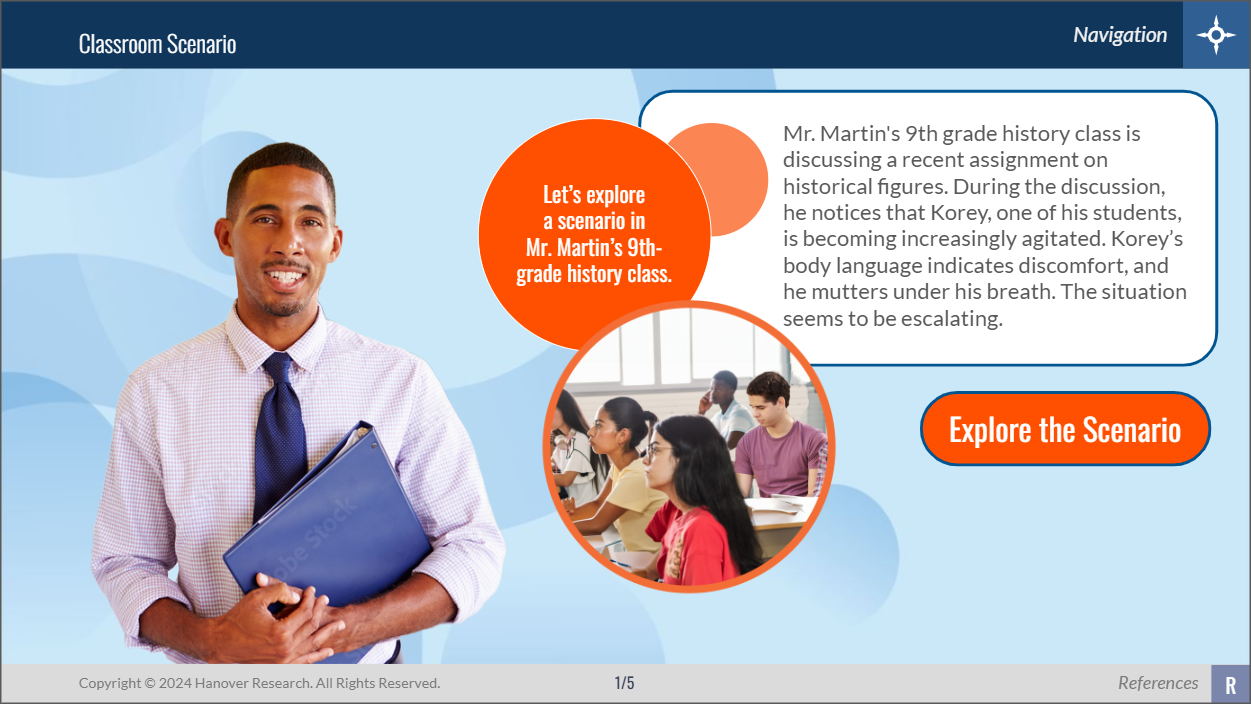 A classroom scenario with a male teacher holding a blue folder, a group of diverse students sitting at desks, and text describing a history class discussion about a student's reaction to a history assignment, with an orange button labeled 'Explore the Scenario.'