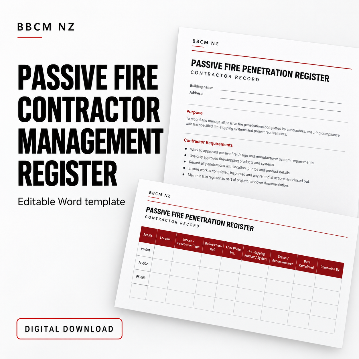 Passive Fire Contractor Management Register