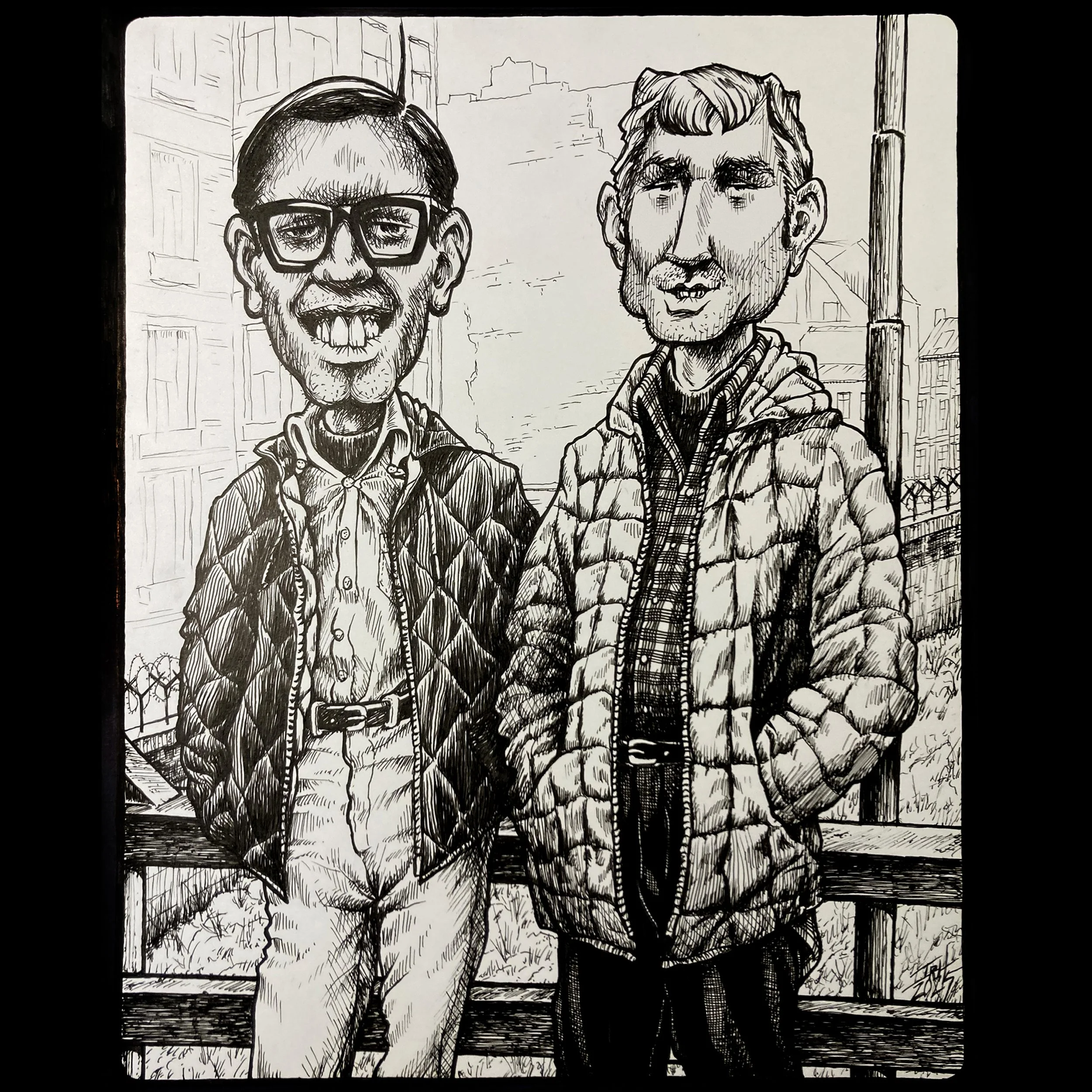 Black and white illustration of two men standing outdoors, with city buildings in the background. One man has short hair, glasses, and a goatee, and is sticking out his tongue. The other man has wavy hair, a beard, and is wearing a puffer jacket, smi