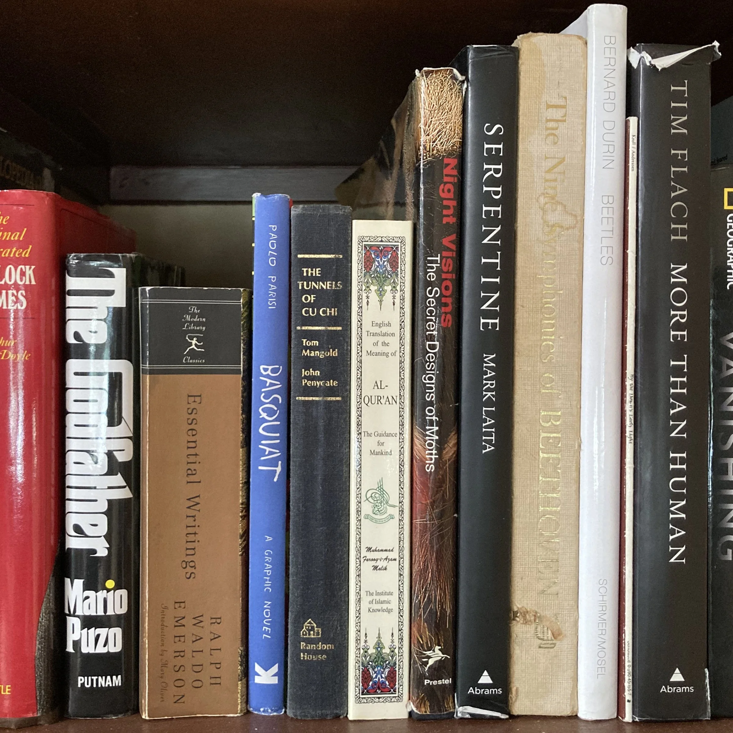 Close-up of a bookshelf with various books, including titles on science, history, and literature.