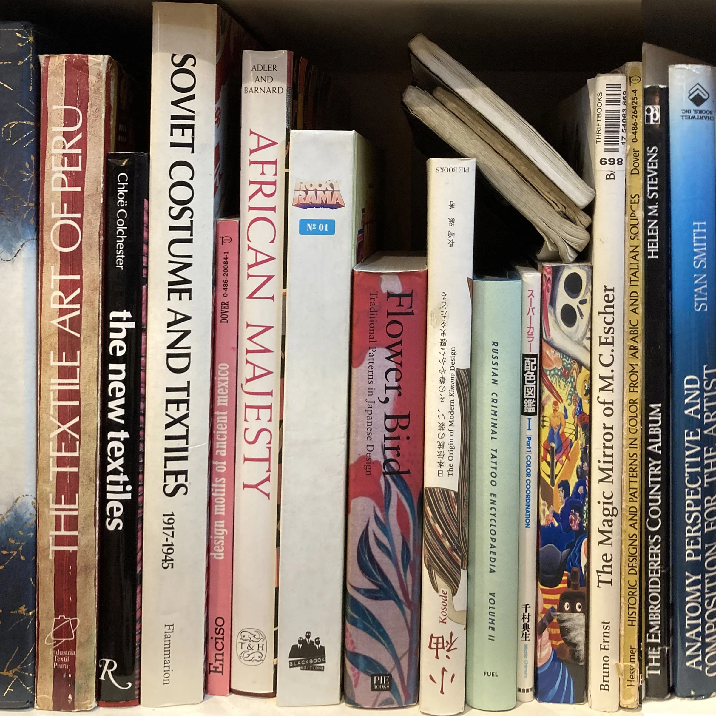 Shelf of books with titles such as 'The Detection of Extra-terrestrial Pioneers', 'The Worst-Ever', 'Cliche Cookbook', and 'FUEL'.
