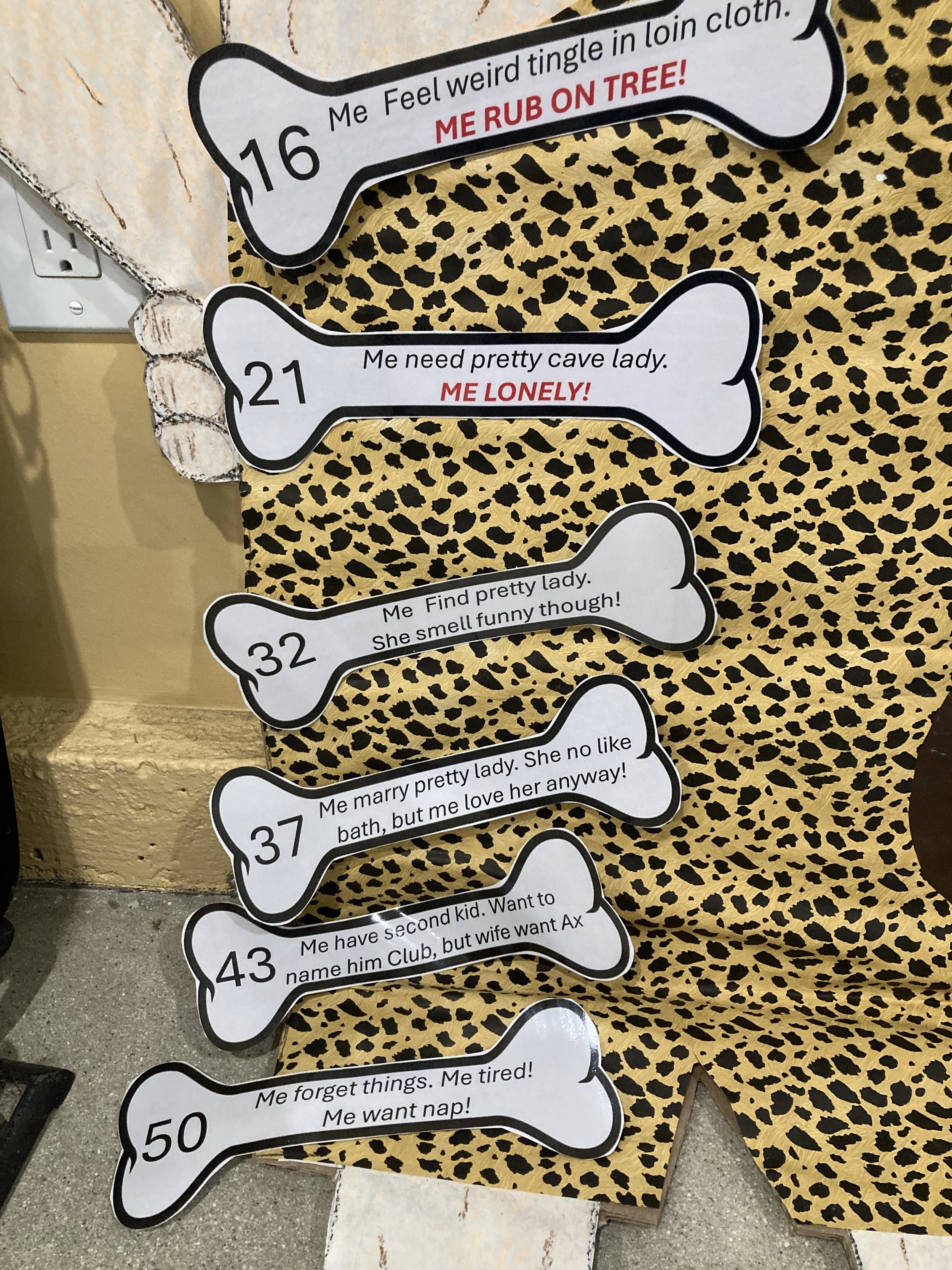 A display of humorous dog-themed signs shaped like dog bones, with phrases such as 'Feel weird tingle in loin cloth. ME RUB ON TREE!', 'Me need pretty cave lady. ME LONELY!', and other playful messages, mounted on a leopard print background.