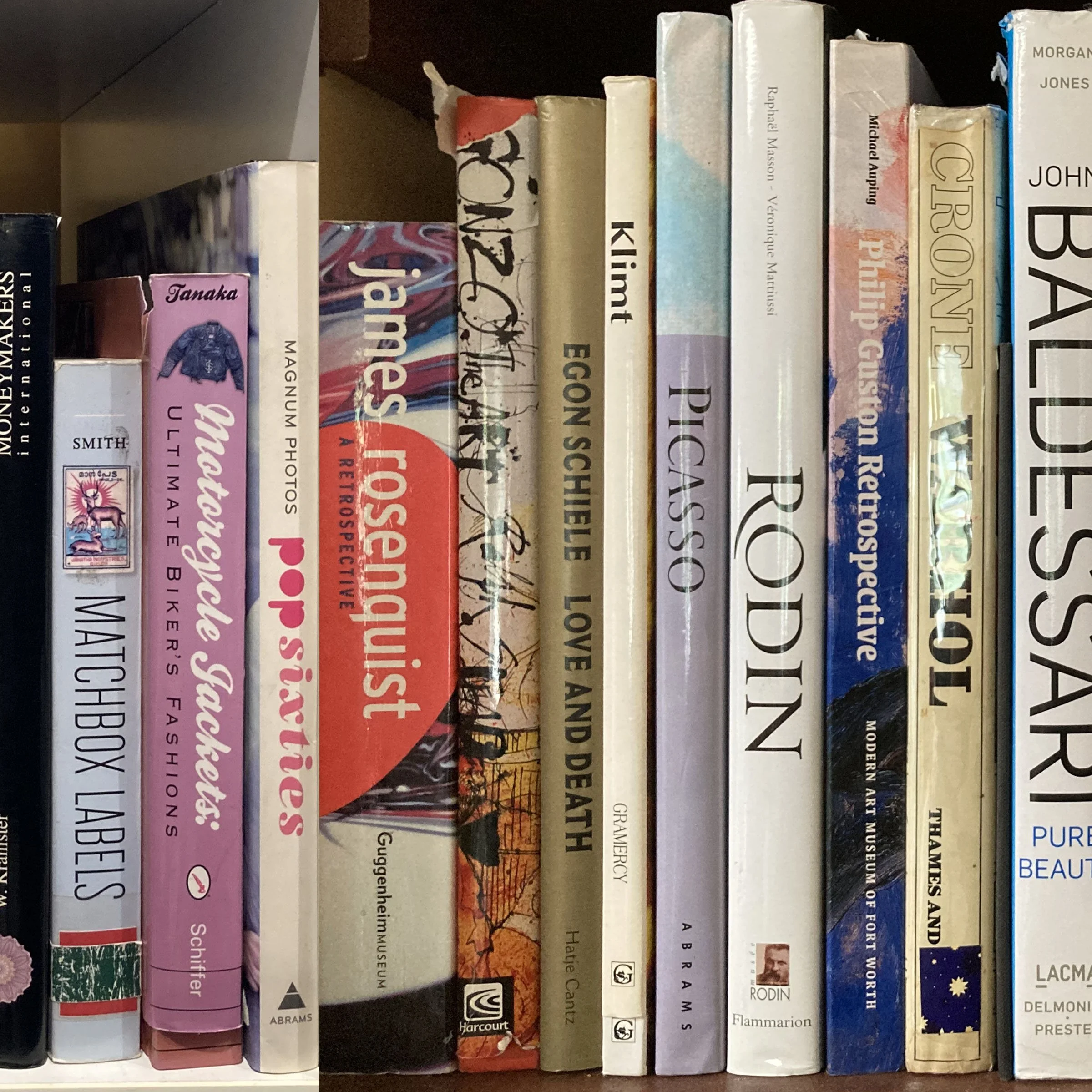Close-up of a bookshelf with various books, including titles like 'Guggenheim Museum', 'Kidle', and 'Cliché'
