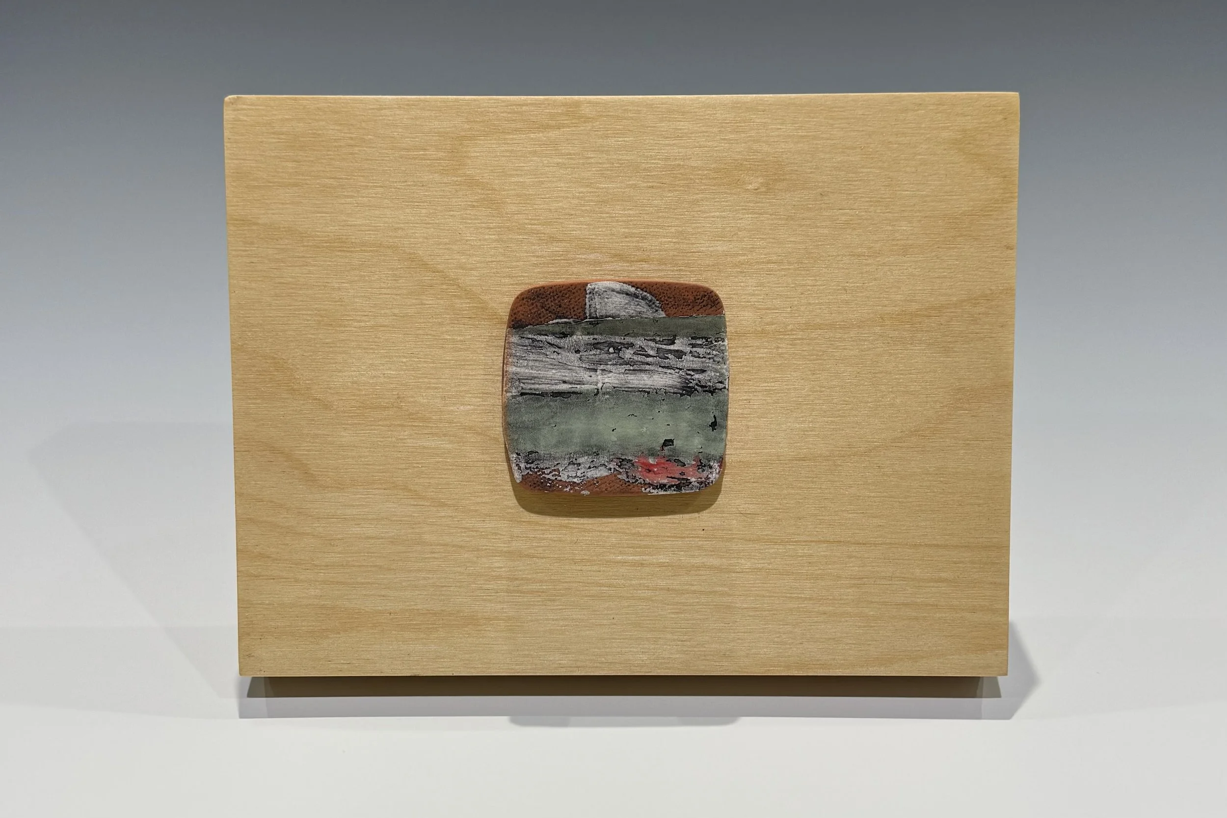 Red earthenware monoprint tile - 2-1/4 x 2-3/8"; 6x8" wood panel