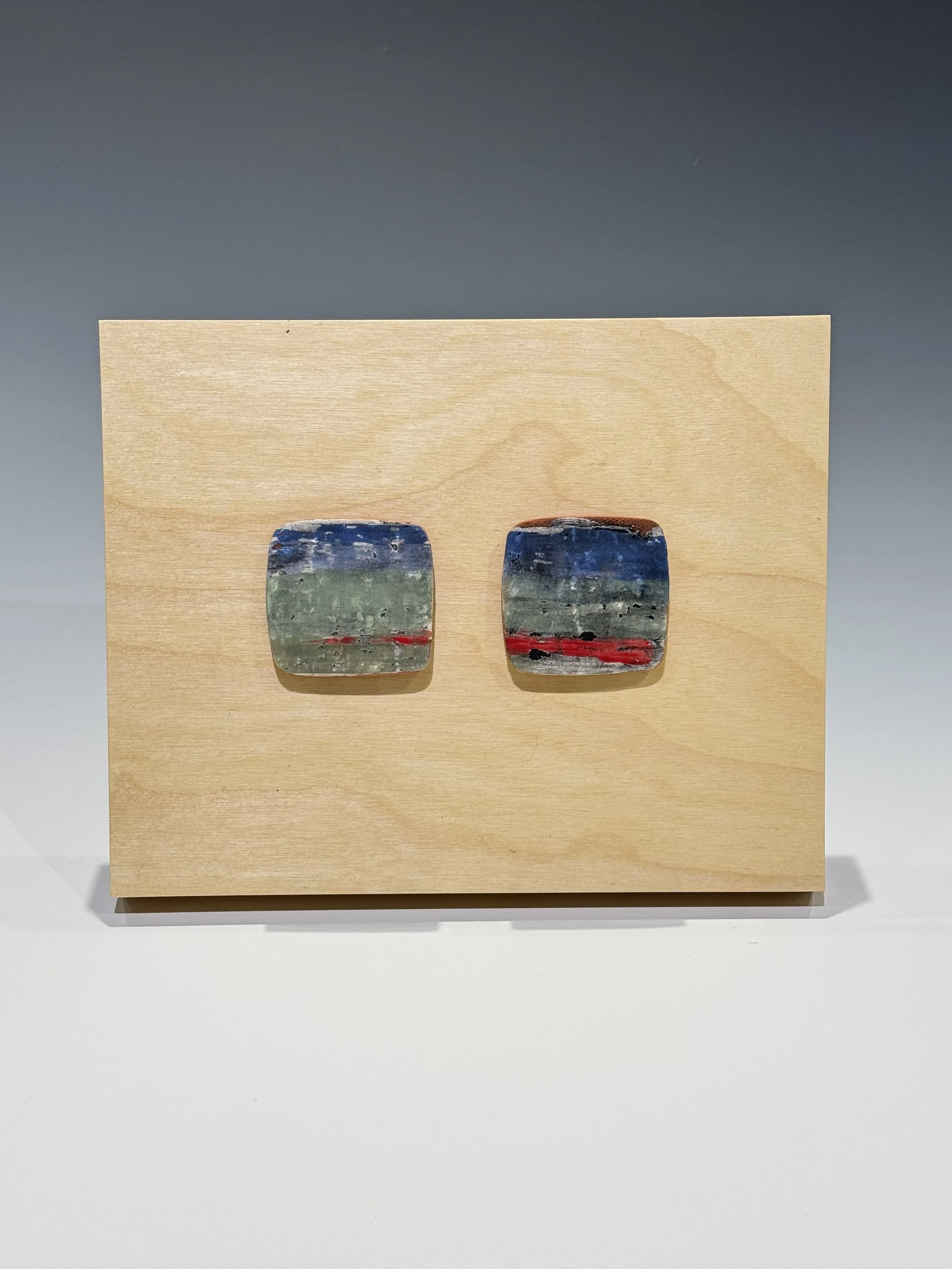 Red earthenware monoprint tiles - 2-1/4 x 2-3/8"; 8x10" wood panel