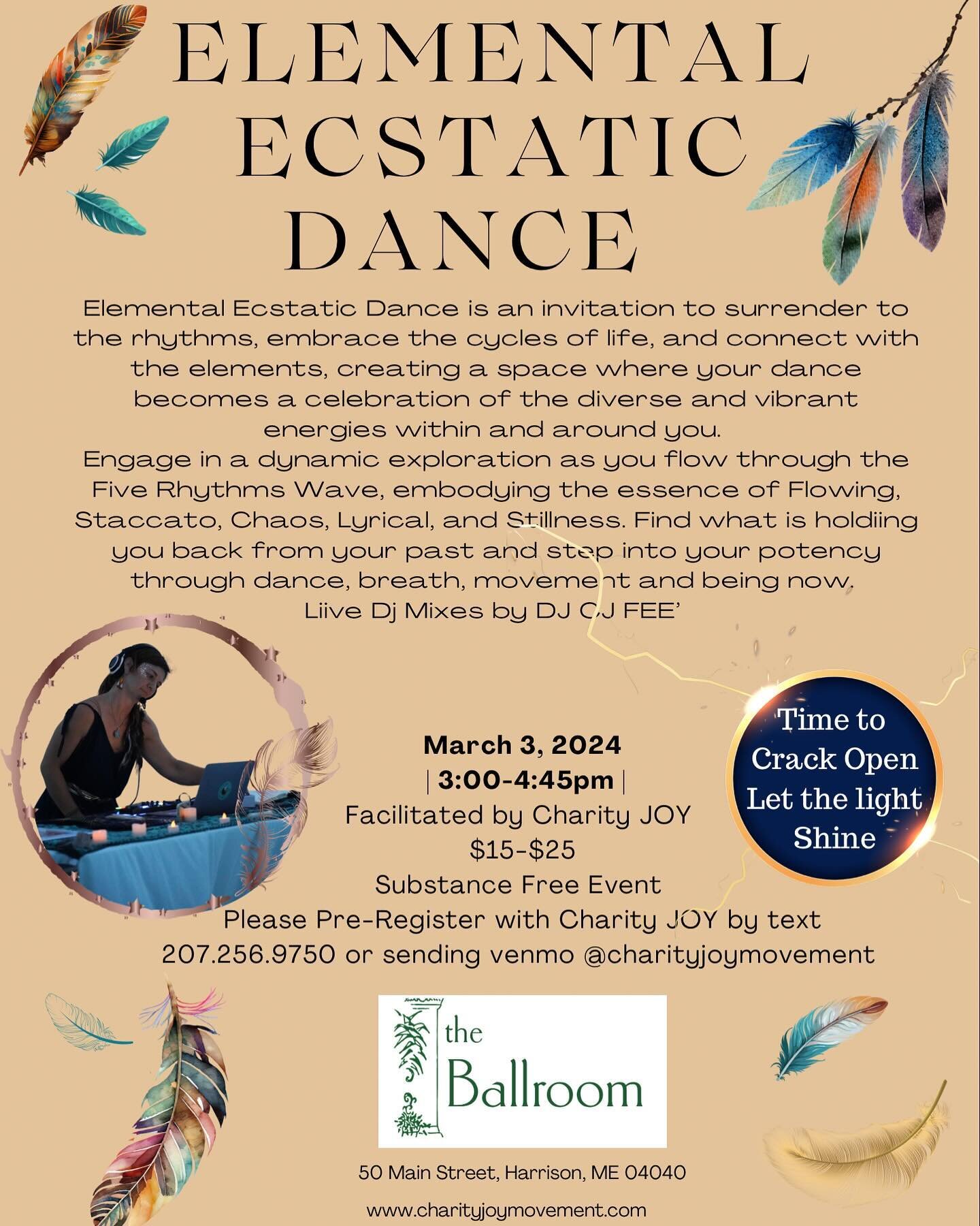 Save the date! March 3, 2024 please please rsvp by sending a dm or paying Venmo! I look forward to keep showing up @theballroomharrison for all you who are ready to dance from the inside out!! #elementalecstaticdance #e2dance #harrisonmaine #doitfory