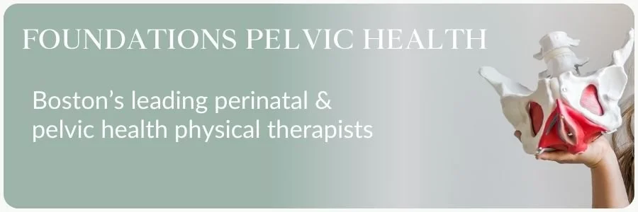 A Physical Therapist holds a model of a pelvis in the Foundations Pelvic Health blog footer.