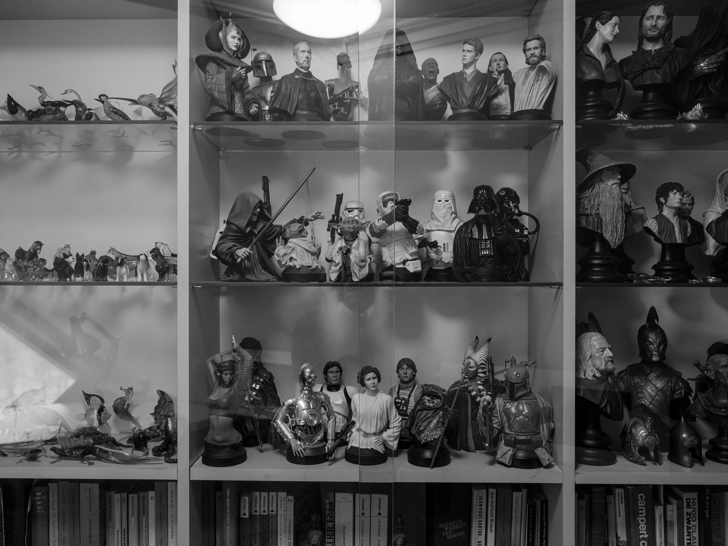 Display cabinet filled with Star Wars and other character busts, action figures, and statues, arranged on glass shelves.