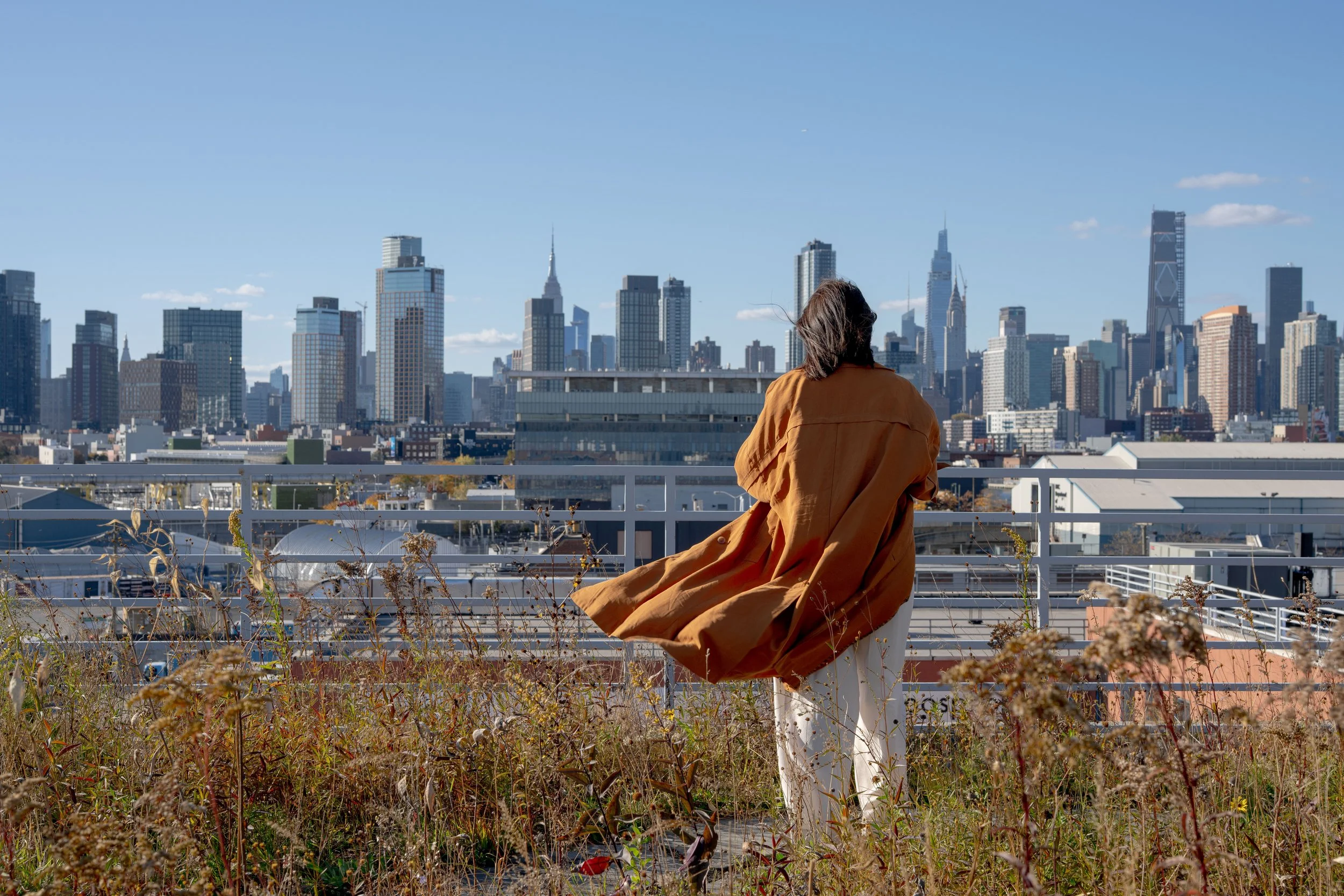 Person in a brown coat standing on a rooftop overlooking a cityscape of tall skyscrapers with clear blue sky.