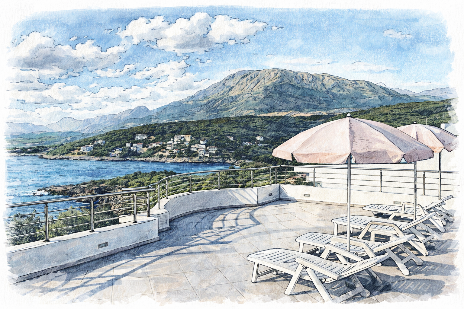 Beachside patio with lounge chairs and umbrellas overlooking a coastal view with mountains and houses in the distance.