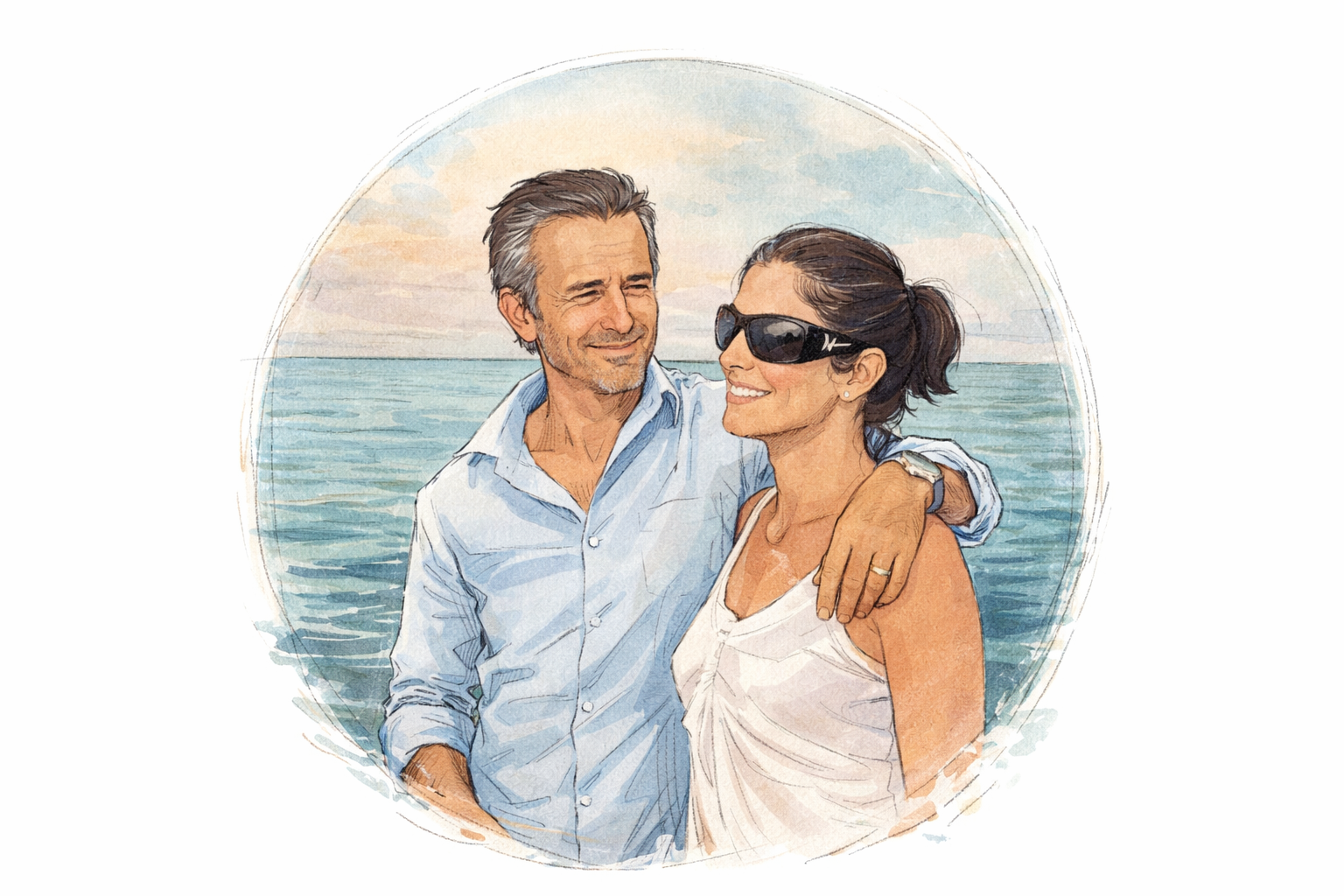 A watercolor illustration of a couple enjoying a day at the beach, with the ocean and a cloudy sky in the background. The man has gray hair and a beard, wearing a light blue shirt, and the woman has dark hair tied back, wearing sunglasses and a white sleeveless top.