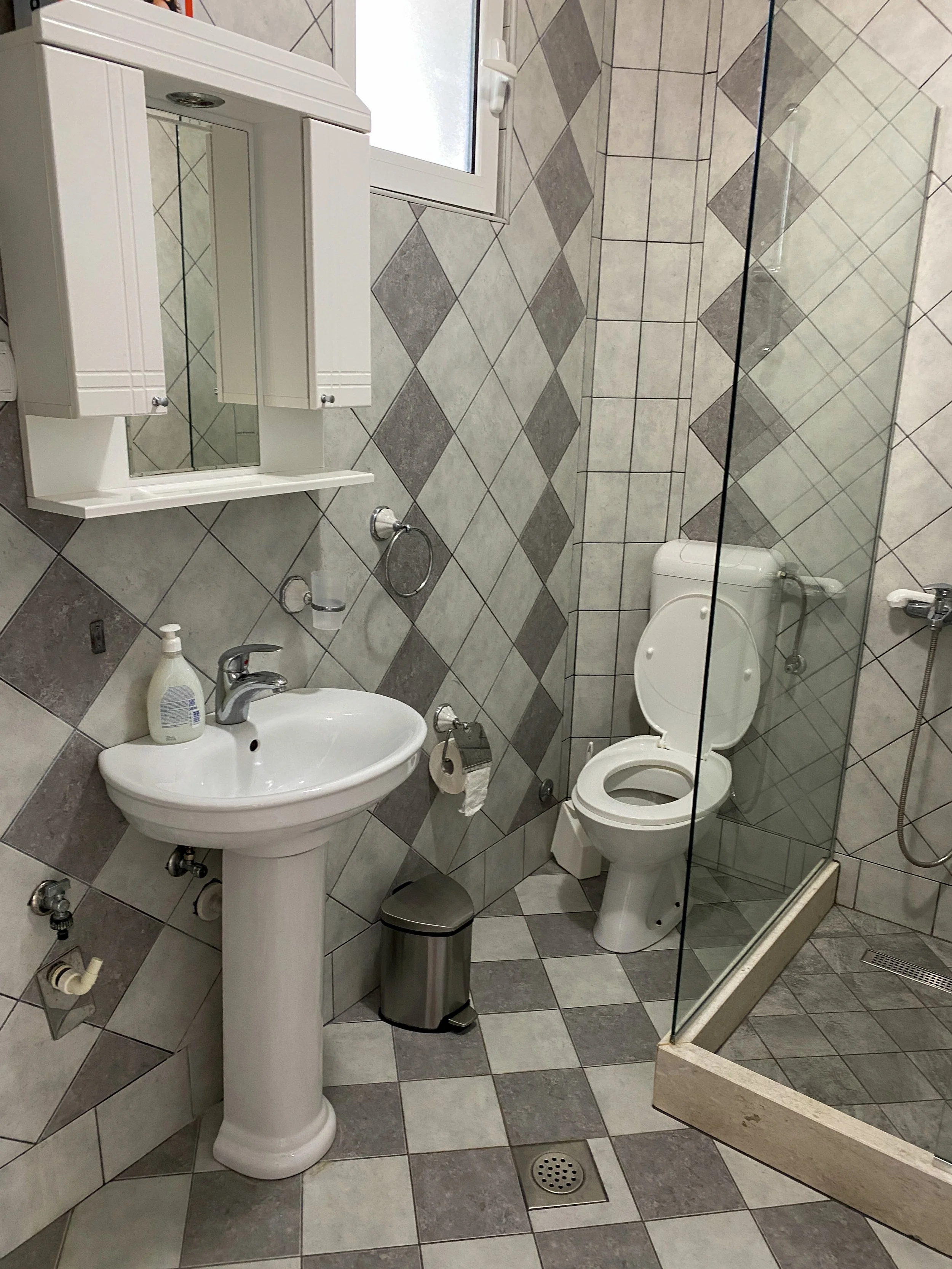 A small bathroom with gray and white diamond-patterned tiles on the walls and floor. It features a white pedestal sink with a soap dispenser, a mirror cabinet above the sink, a small trash can, a white toilet, and a glass shower enclosure with a hand