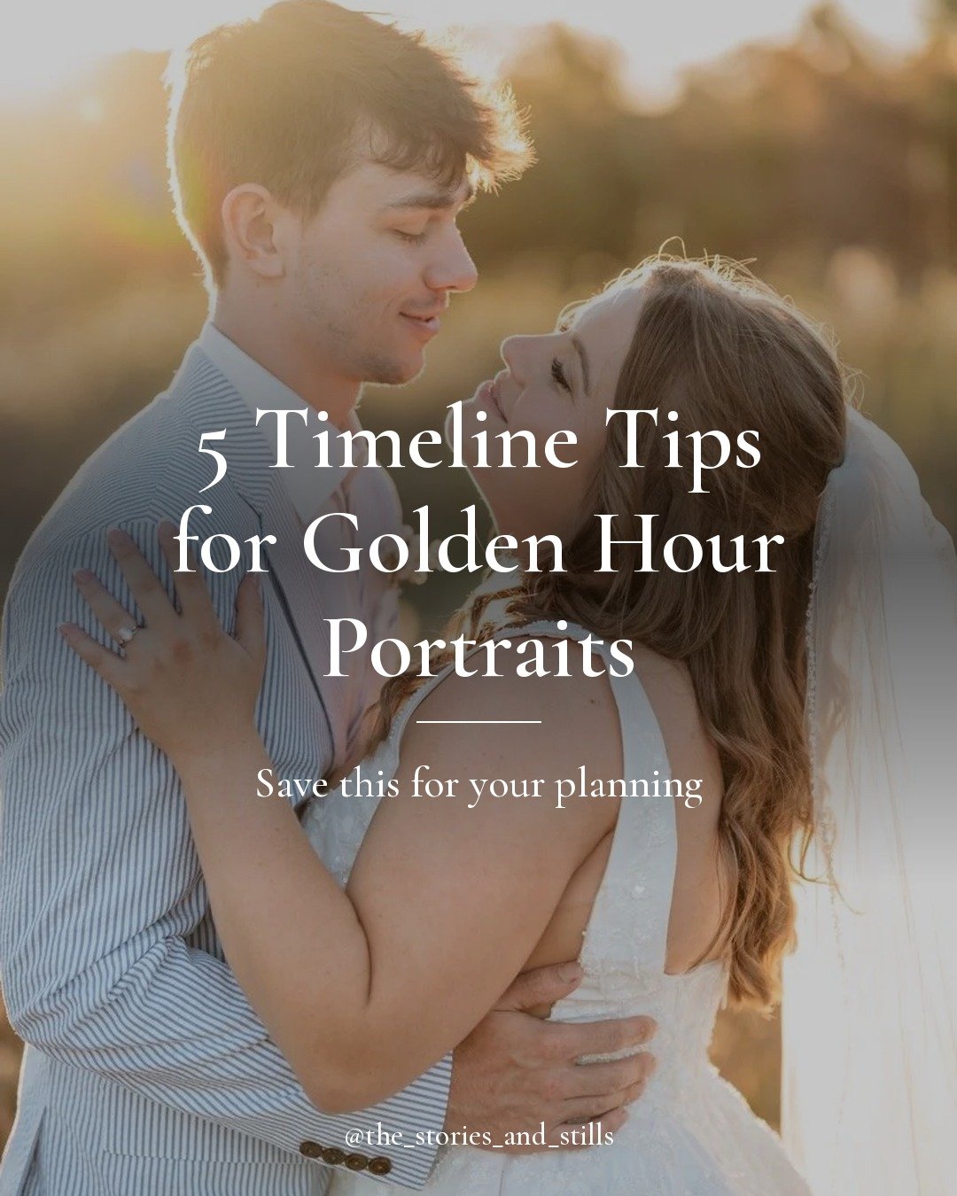 Want those dreamy golden hour portraits? It's all in the timeline ✨

Here are 5 tips we share with every couple:
1. Look up the sunset time for your date and venue
2. Block 20&ndash;30 minutes about 45&ndash;60 minutes before sunset
3. Mountains and 