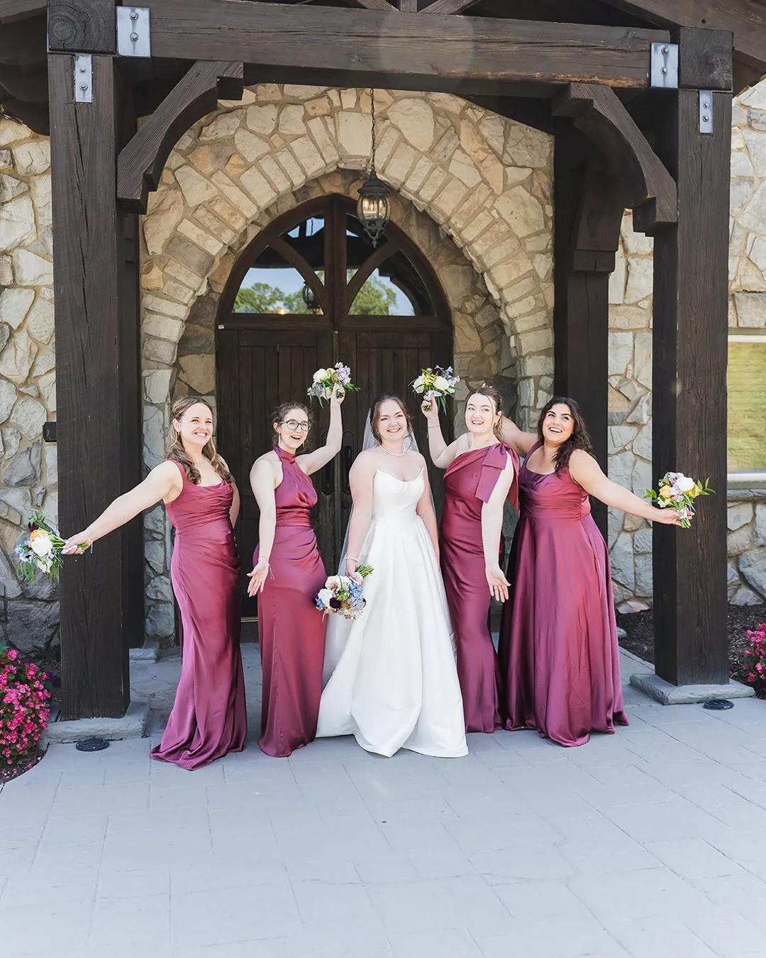 The crew that made the day. 🥂

Madison &amp; Andrew's wedding party brought nonstop energy to Glassy Chapel in Landrum, SC, from veil fluffing to a full groomsmen strut past the stone chapel.

Planning by @petalandpearl.weddings | Florals by @gilded