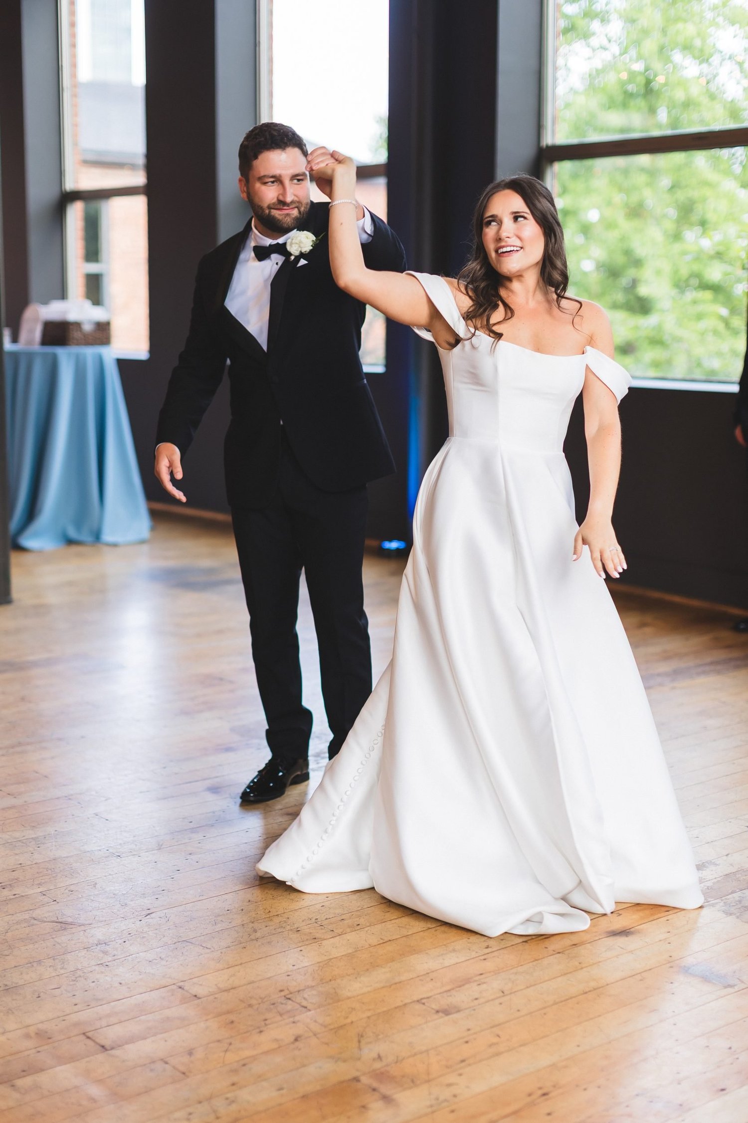 Madison and Derek's first dance in the Huguenot Mill reception hall in Greenville, South Carolina.