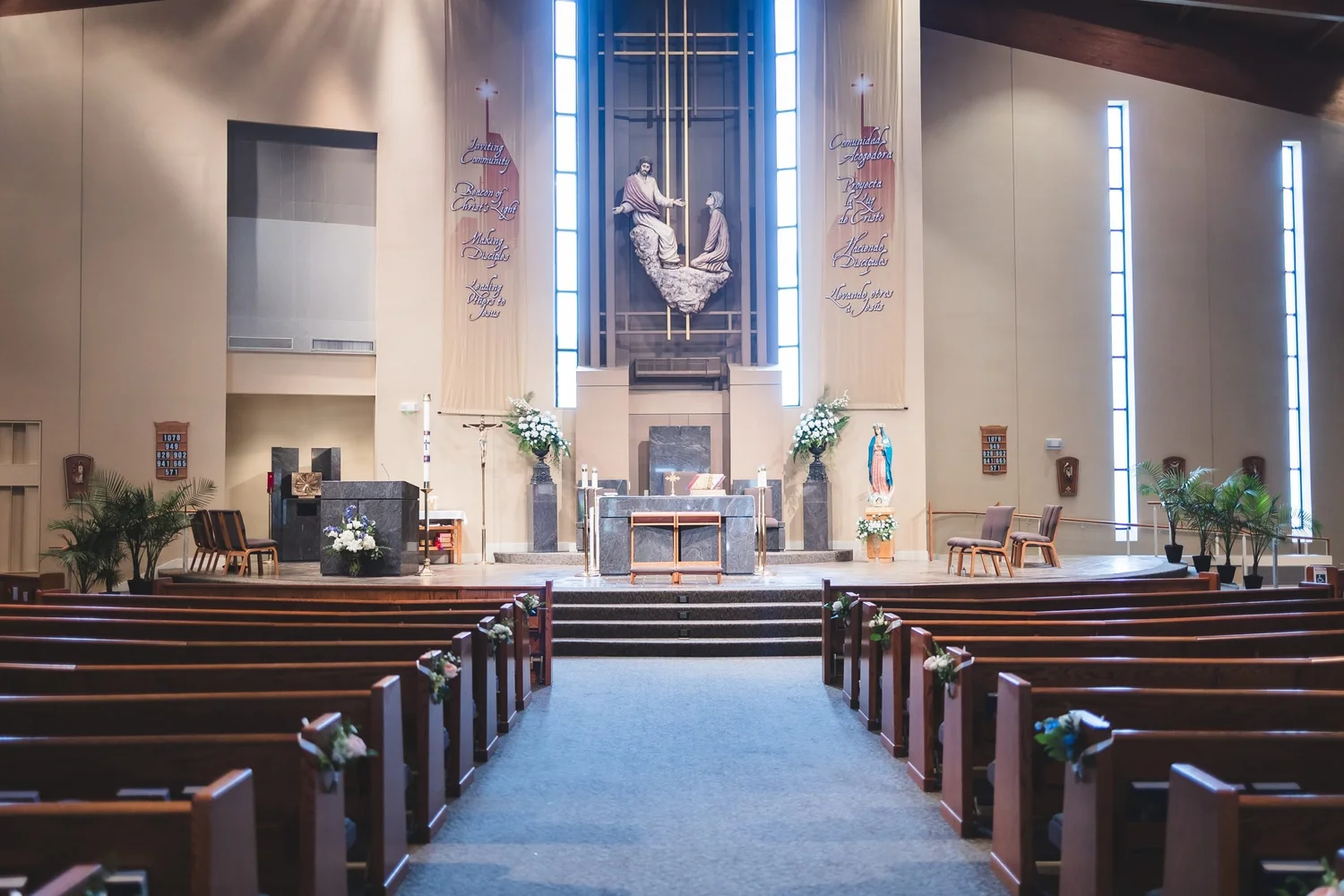 Saint Mary Magdalene Catholic Church in Simpsonville, South Carolina, set for Madison and Derek's wedding ceremony.