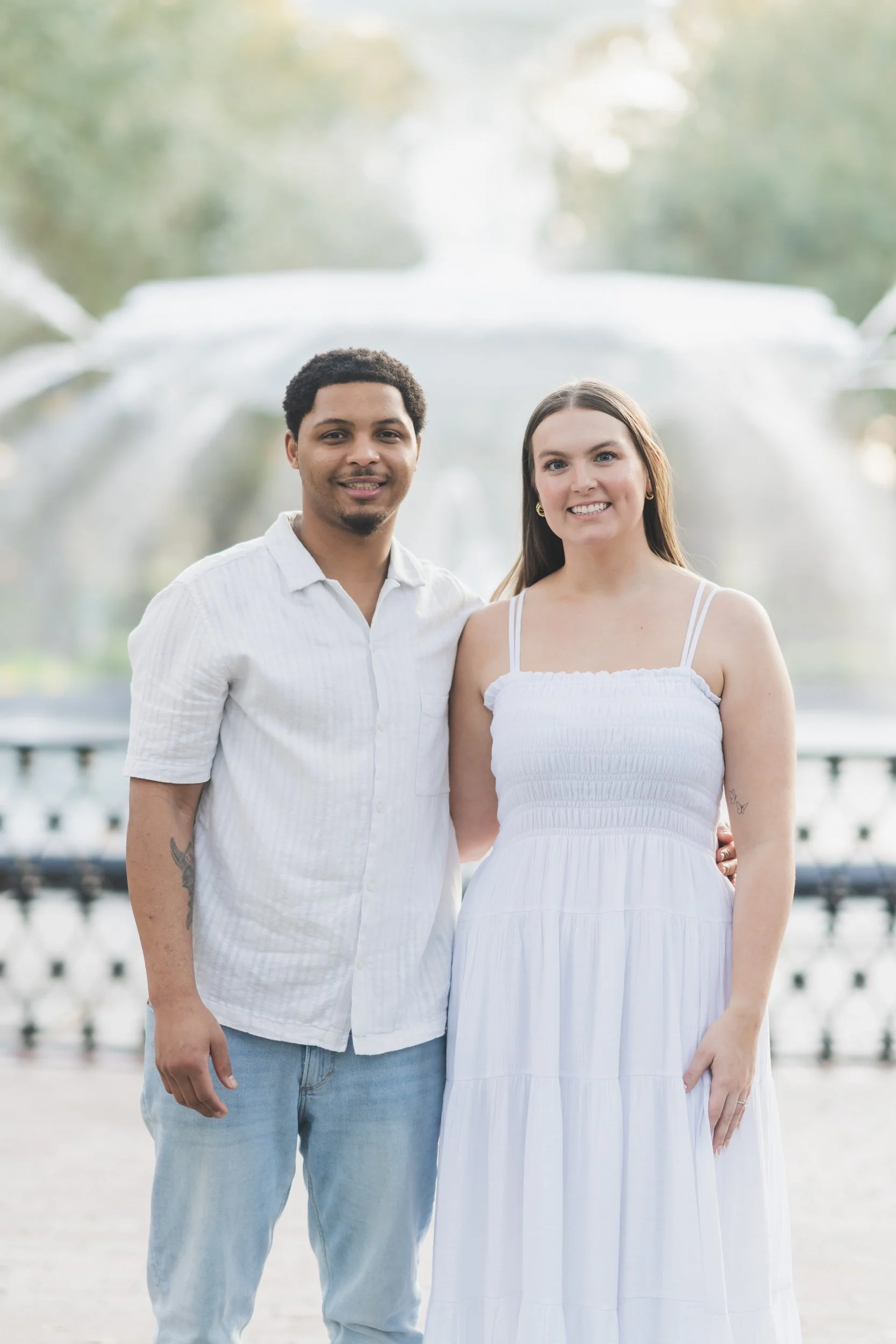 Engaged couple at Forsyth Park fountain, Savannah