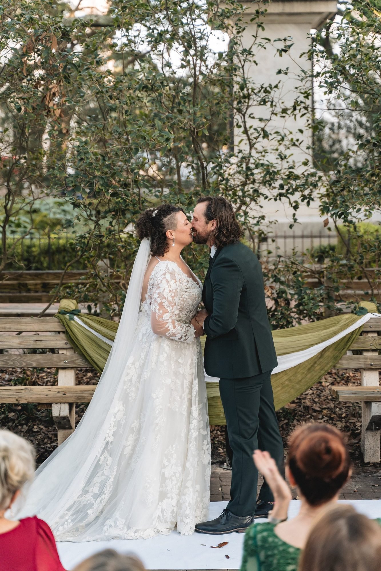First kiss at a fall wedding ceremony in Savannah, Georgia