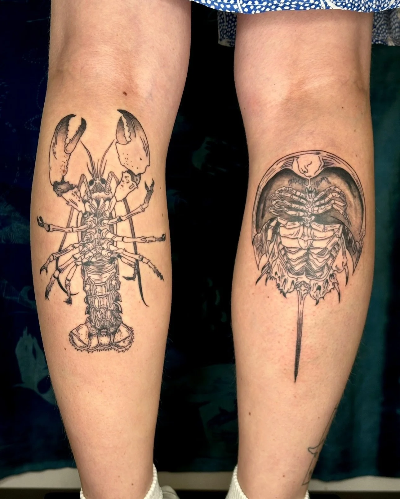 Crustacean combo for Cleo! 
The horseshoe crab is from my flash and the Maine lobster is a custom piece. They sat like a barnacle on a rock and got both in one session! 

It was so nice getting to talk about New England quirks and accents with a fell