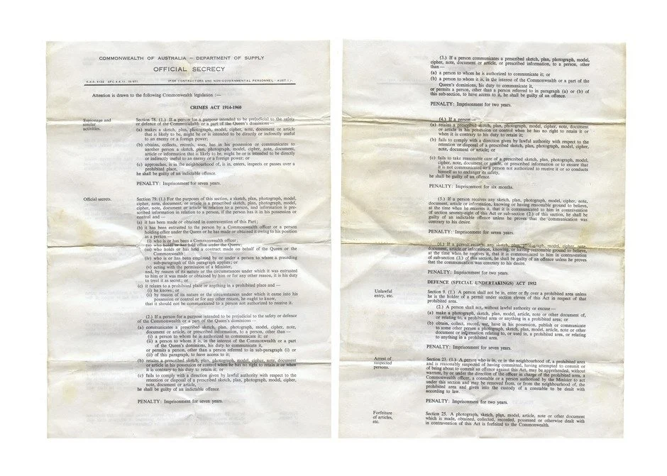 Official Secrecy, Crimes Act, 1914-1960
Reproduction from an original document Digital inkjet print; 25 x 35 cm
Avon Hudson’s private collection