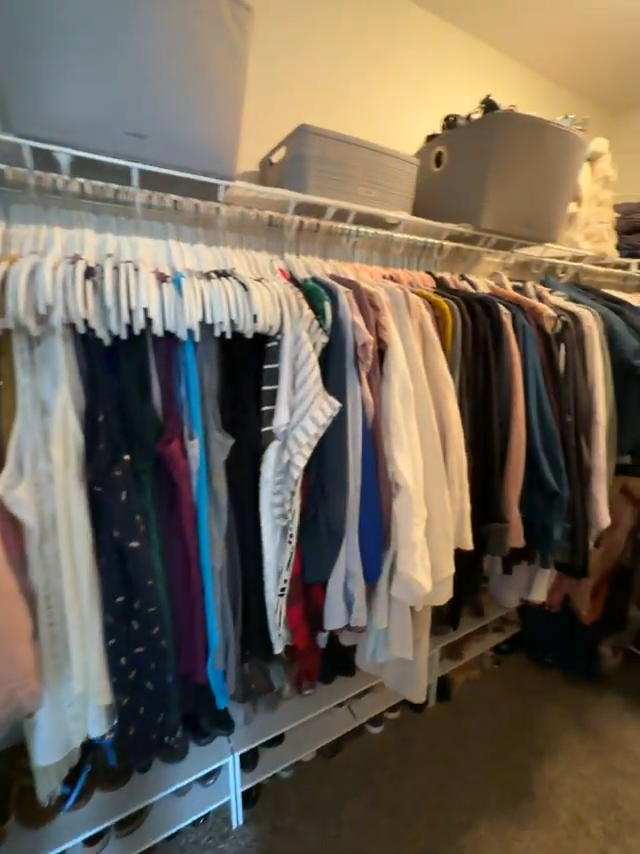 Closet with hanging clothes and storage bins on a shelf above.