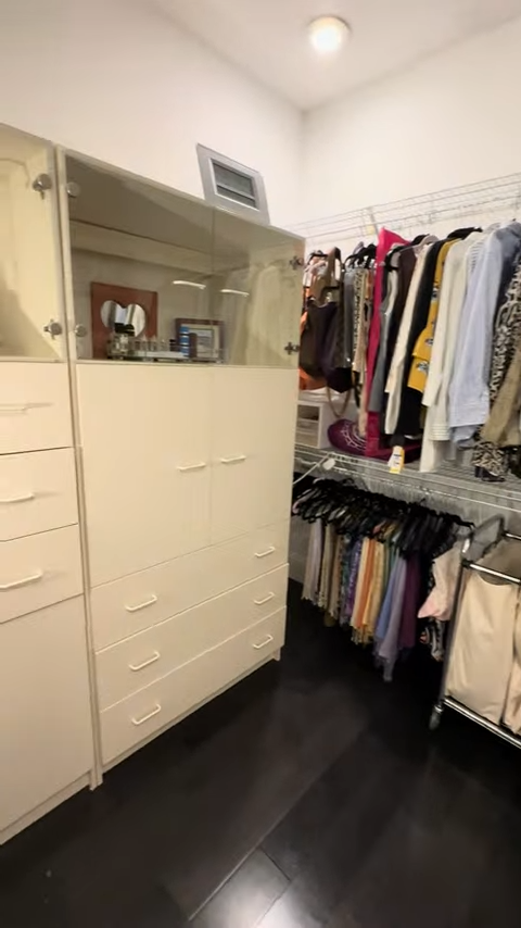 Walk-in closet with a tall cream-colored dresser, hanging clothes organized by color, with some accessories on a wire shelf and a clothing rack.