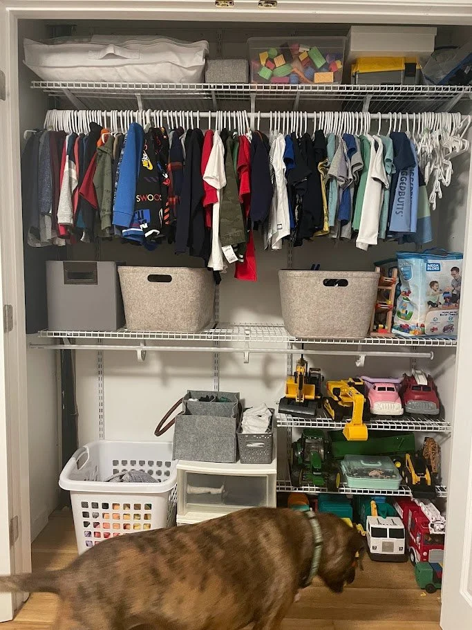 Organized closet with children's clothes on hangers, storage bins, and toy vehicles on shelves, with a dog walking in front.