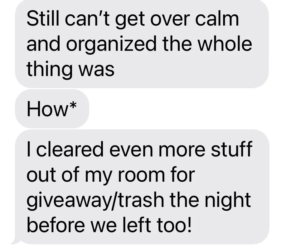 Text conversation discussing organizing and cleaning a room, mentioning clearing out more stuff and trash for a giveaway.