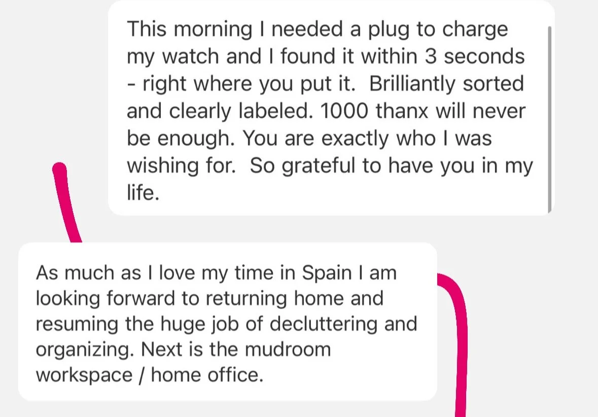 Screenshots of two text messages discussing travel and organizing tasks. The first message talks about finding a plug to charge a watch quickly and feeling grateful for someone special. The second message mentions looking forward to returning home to