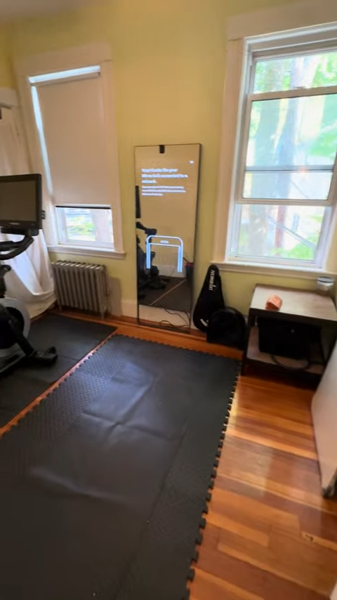 Home gym with exercise equipment, a mirror, and windows showing a view of trees outside.