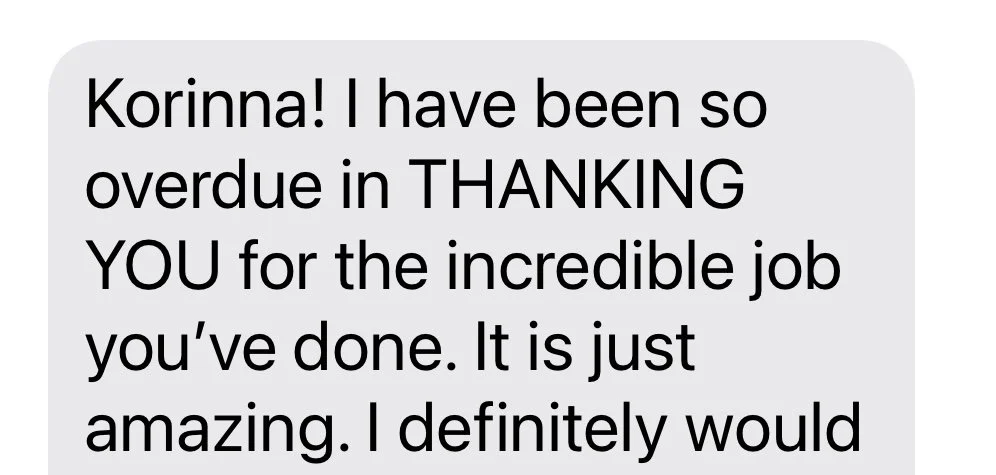 A text message expressing gratitude and praise for someone's excellent work, addressed to Korinna.