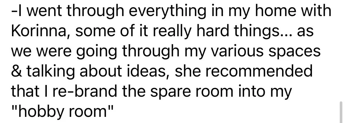 Text excerpt about reorganizing a spare room into a hobby room based on advice from someone named Korinna.