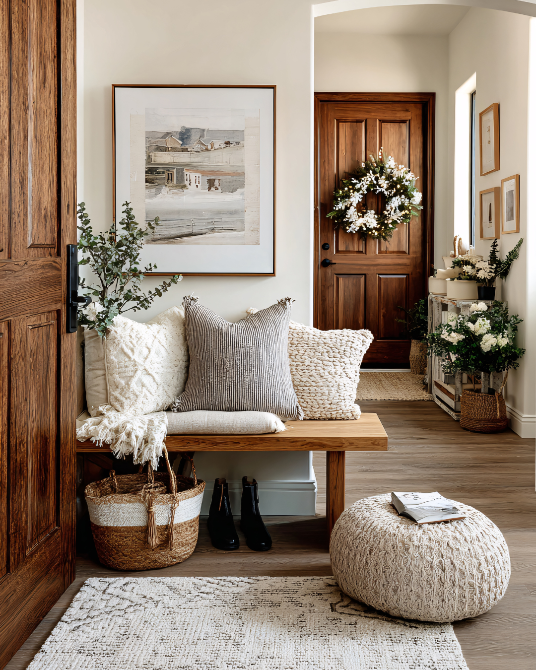 Entryway organized with a wooden bench, woven baskets, wall hooks, and shoe storage as part of professional organizing services in a Massachusetts home.