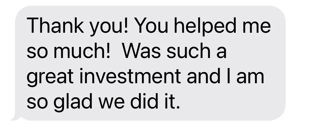 Screenshot of a text message expressing gratitude for help with a positive outcome.