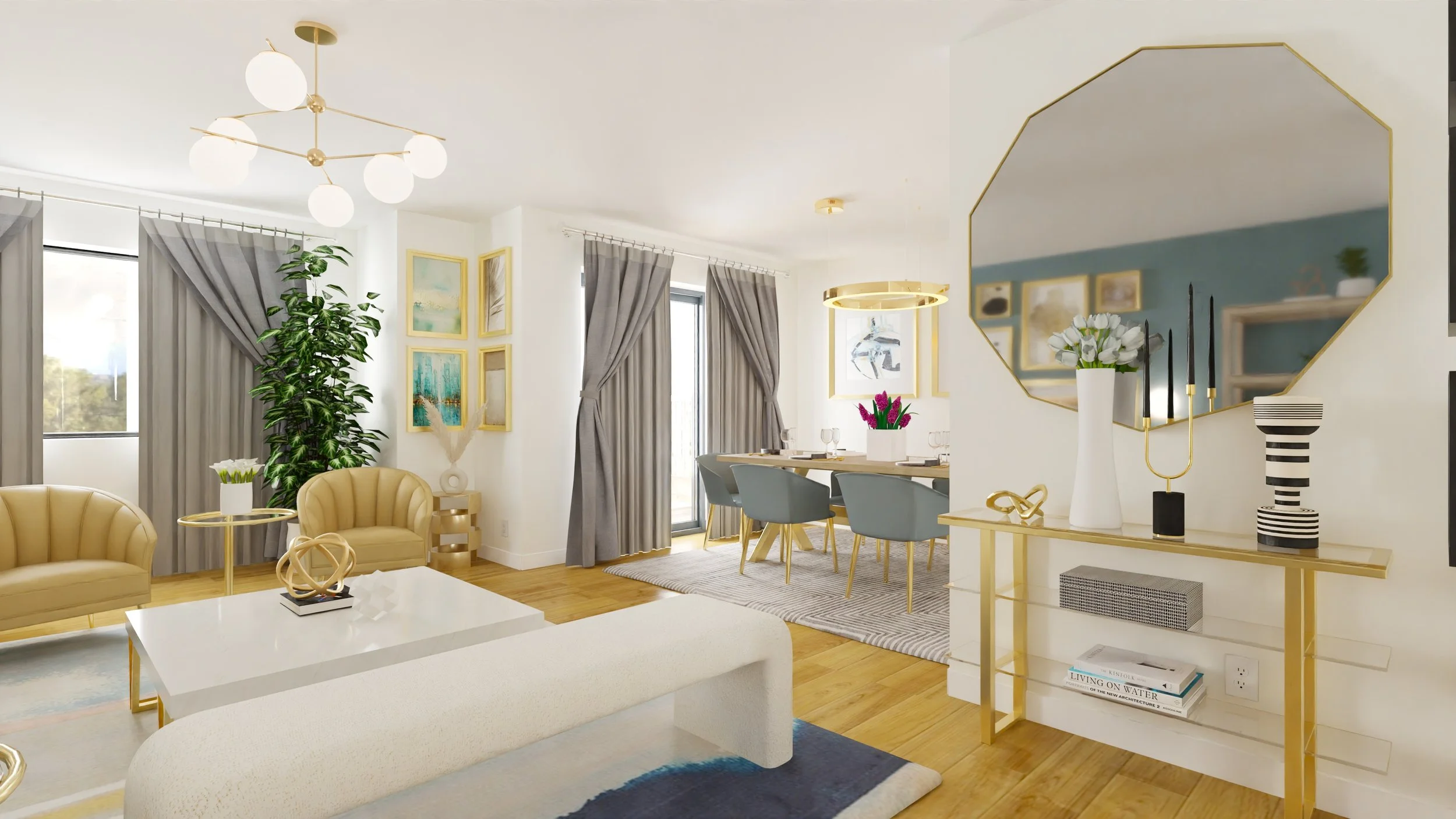 Modern living and dining room with gold accents, gray curtains, green plants, and contemporary furniture