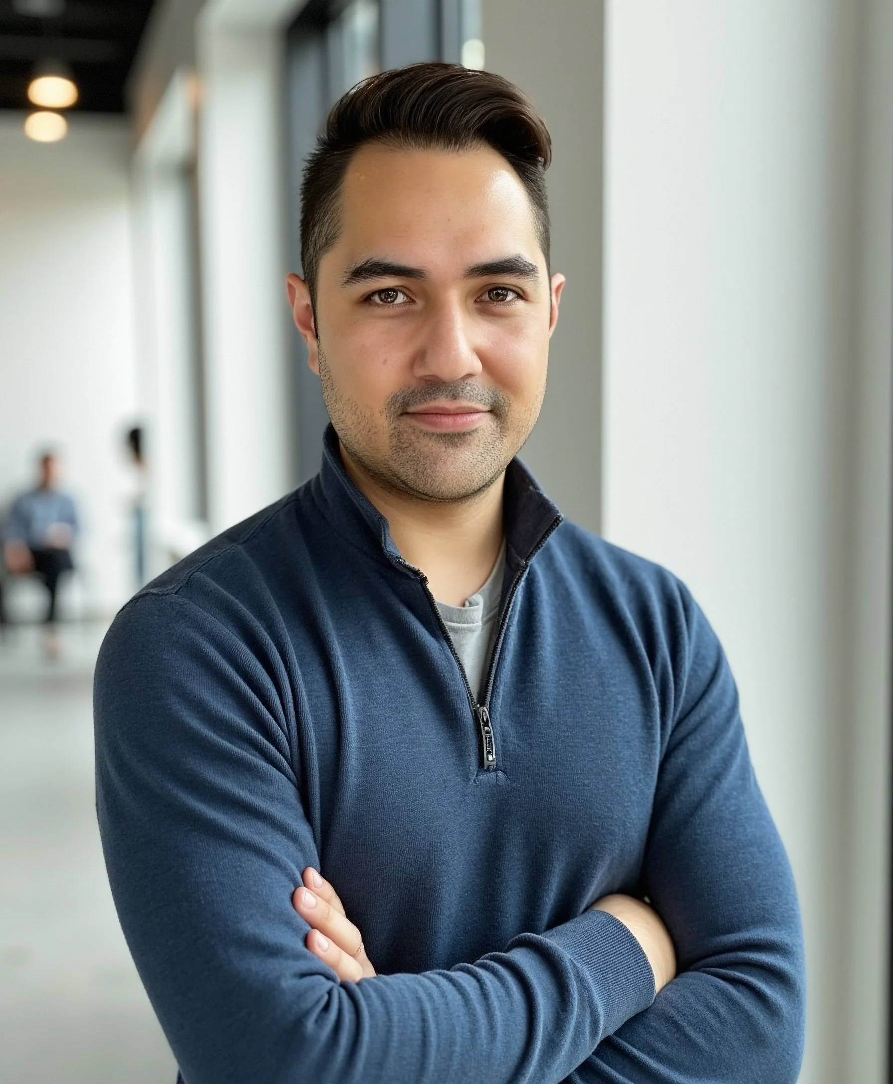 A man with dark hair, wearing a navy blue zip-up sweater, standing with arms crossed in a modern indoor setting with large windows and blurred people in the background.