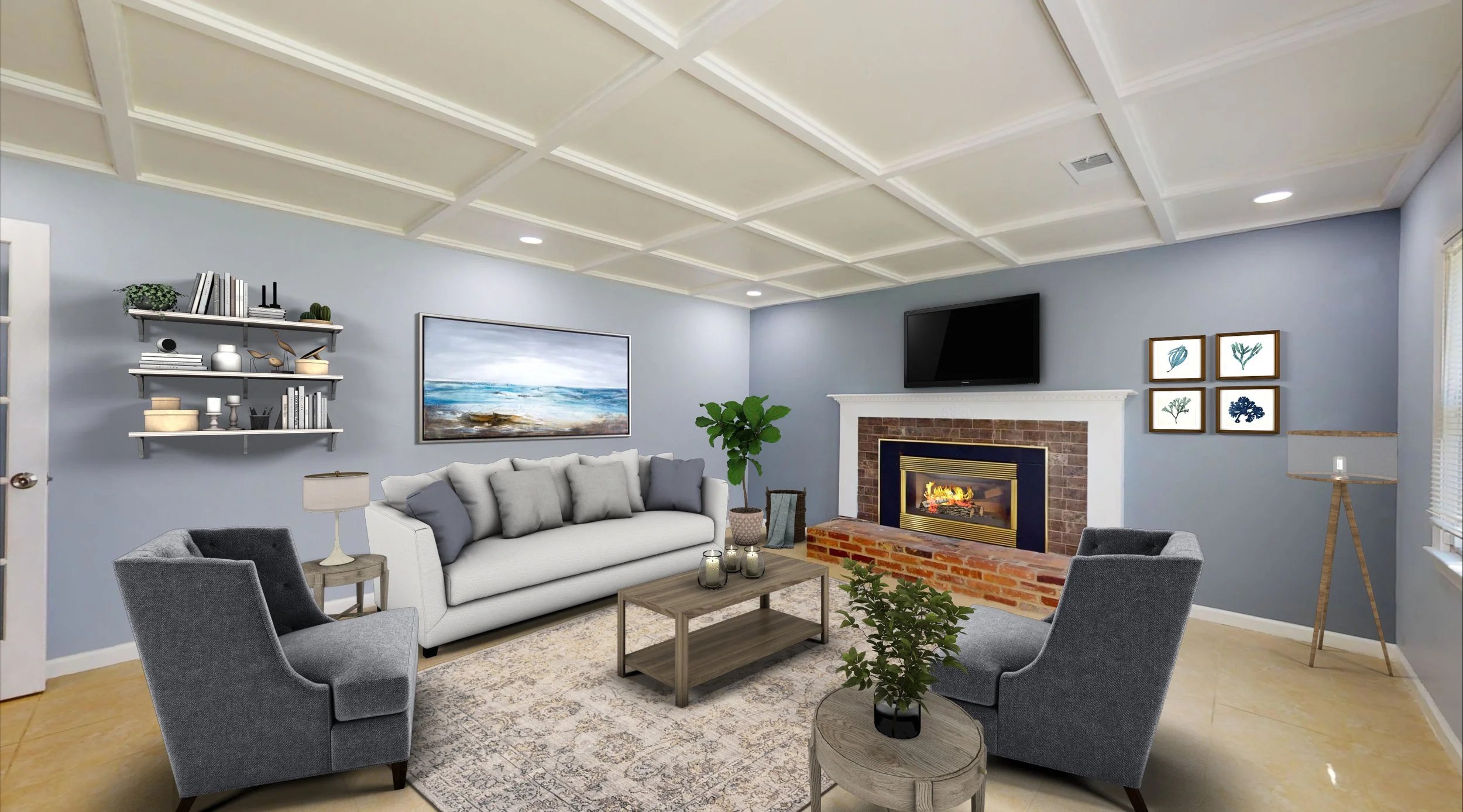 Living room with blue walls, white ceiling, upholstered furniture, a fireplace with a TV above, artwork, shelves, potted plants, and windows.