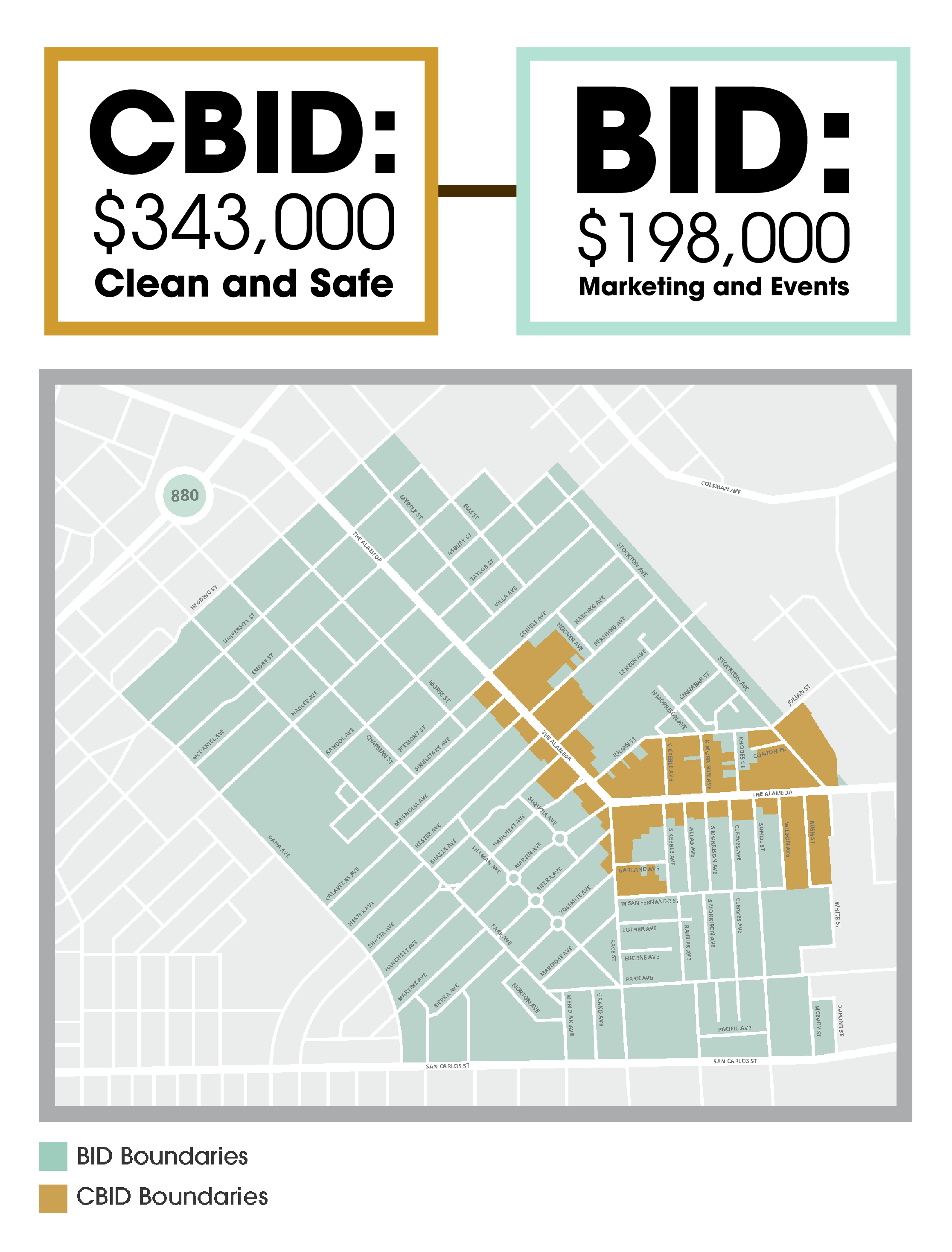 Map of the CBID boundaries, covering sections of The Alameda, Race St., and Stockton Ave., and The Alameda BID, covering a broader area from approximately Hedding St., Stockton Ave., San Carlos, and Dana Ave.