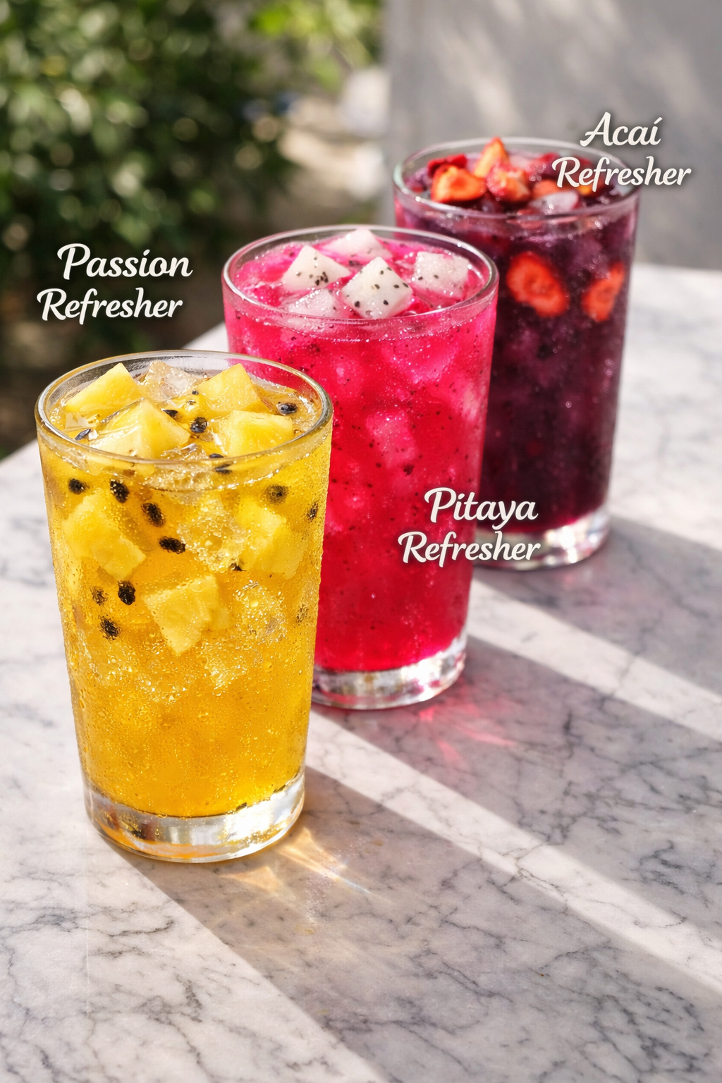 Acai Couples Refreshers made with real dragon fruit chunks and passion fruit - No syrups, organic ingredients.