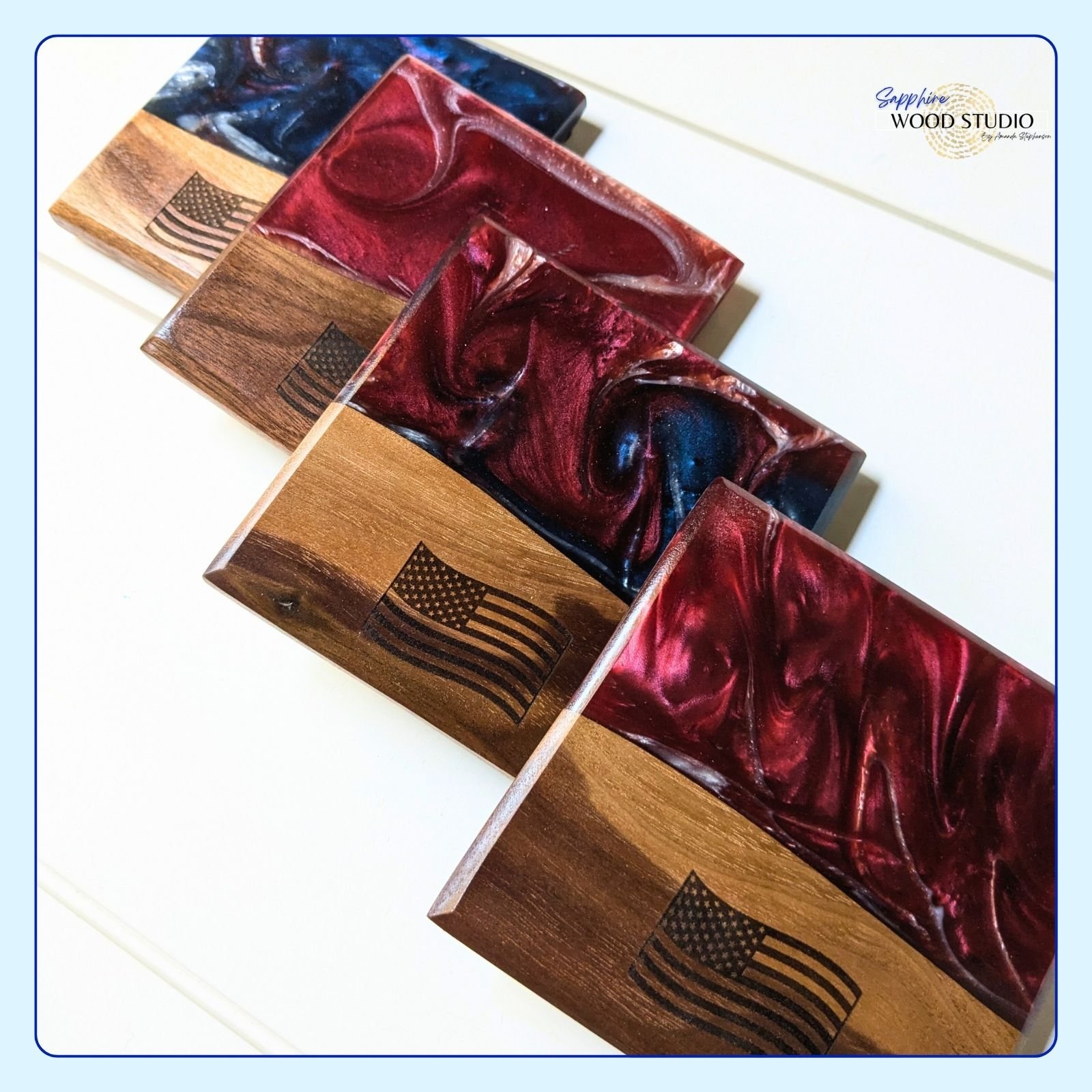 If I was a good social media influencer I'd have posted these on Memorial Day 🤦&zwj;♀️
About 1 in 5 add a set of coasters to their board project. These red, white, and blue coasters speak to what's possible. 
#pouryourownepoxy #resinart #epoxyart #w