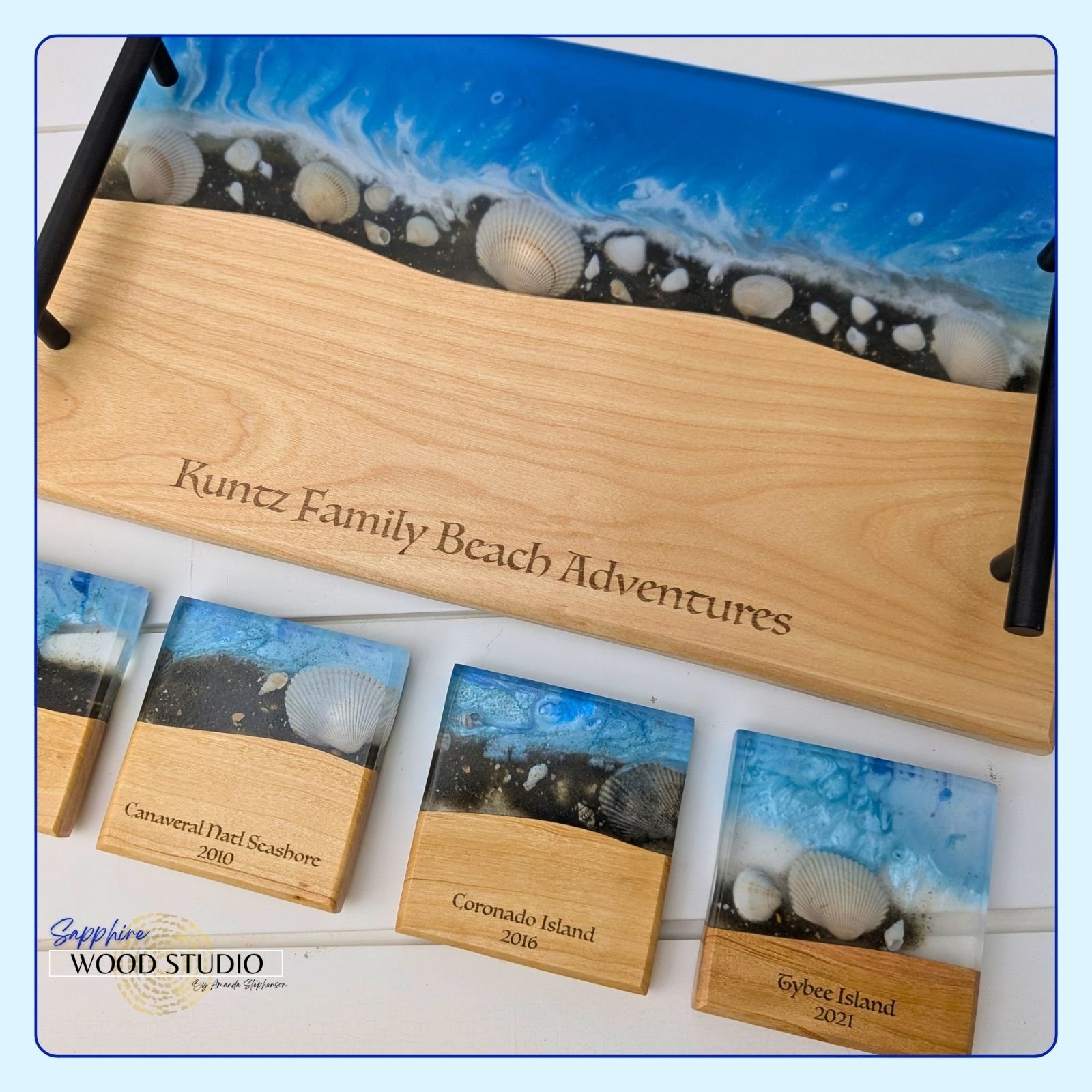 Talk about an original! 

What a great way to commemorate a family's adventures. She used dark sand alongside birch and placed a few of her own sea shells with intention. 

I have no doubt that in addition to learning how to work with epoxy, she crea
